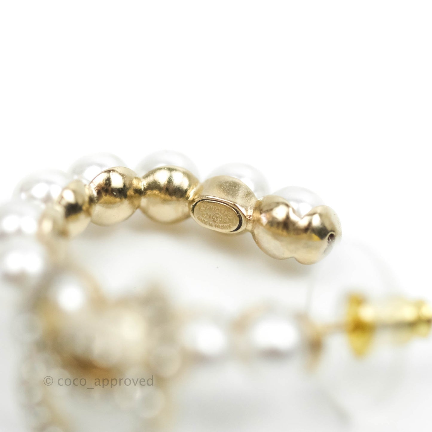 Chanel CC No5 Pearl Hoop Earrings Gold Tone 21S