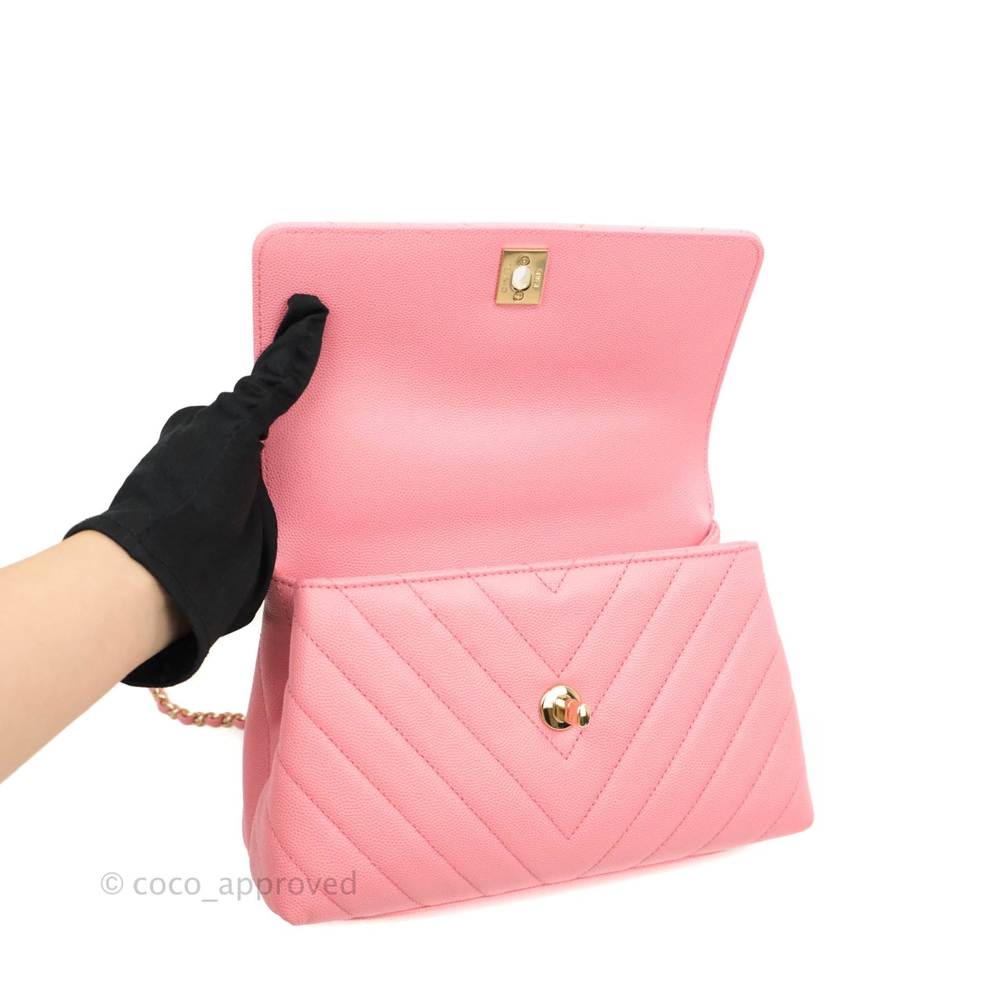 Chanel Mini (Small) Coco Handle Chevron Pink Caviar Gold Hardware