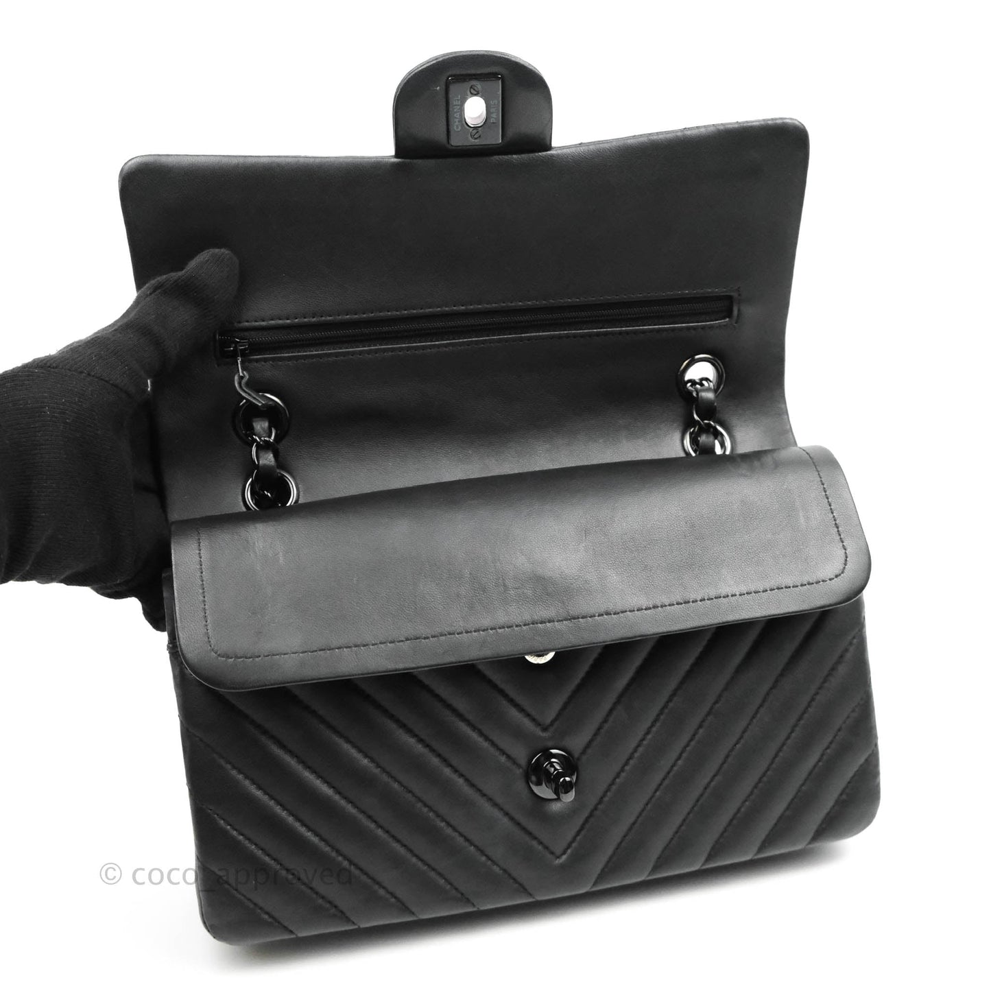 Chanel Classic Chevron M/L Medium Double Flap So Black Lambskin