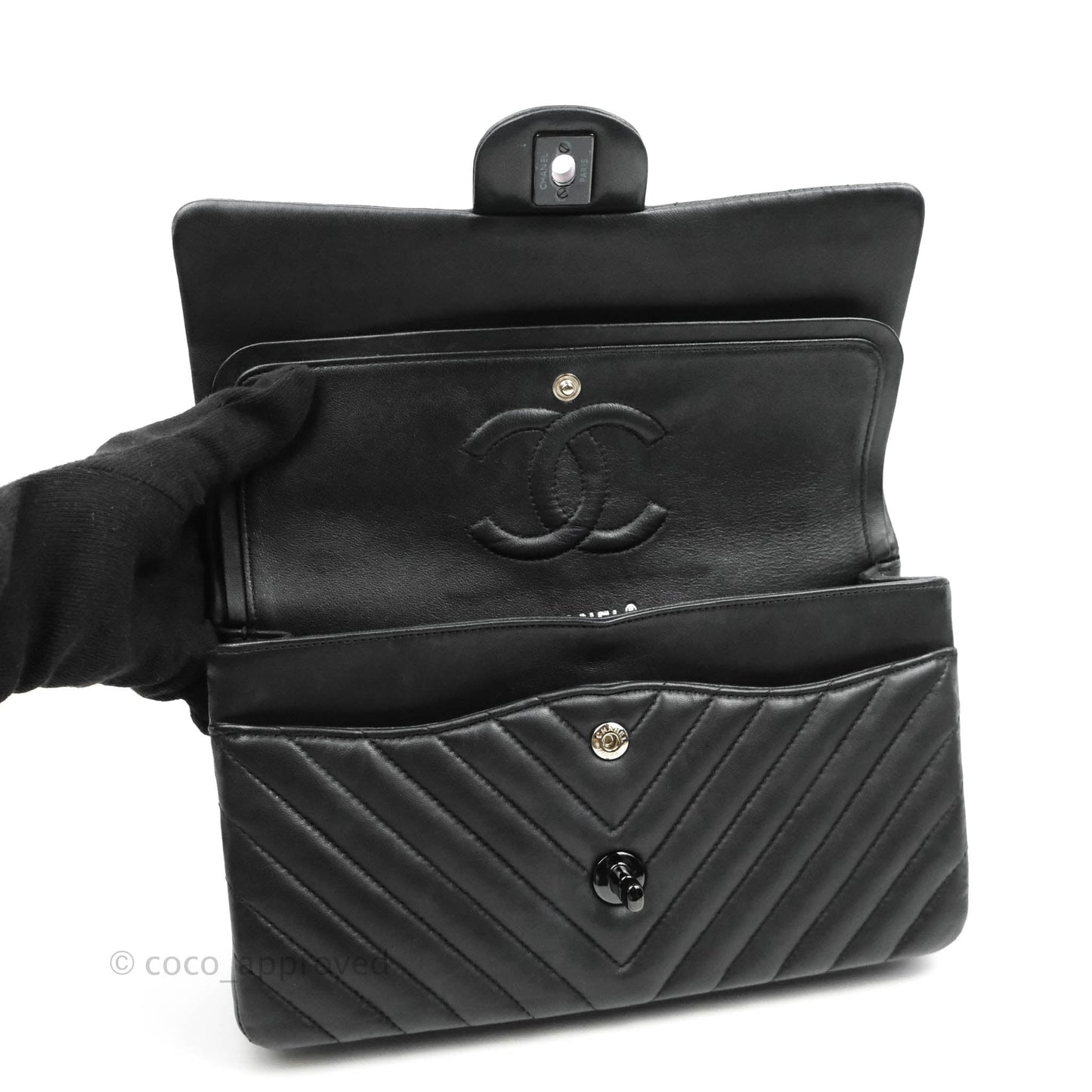 Chanel Classic Chevron M/L Medium Double Flap So Black Lambskin