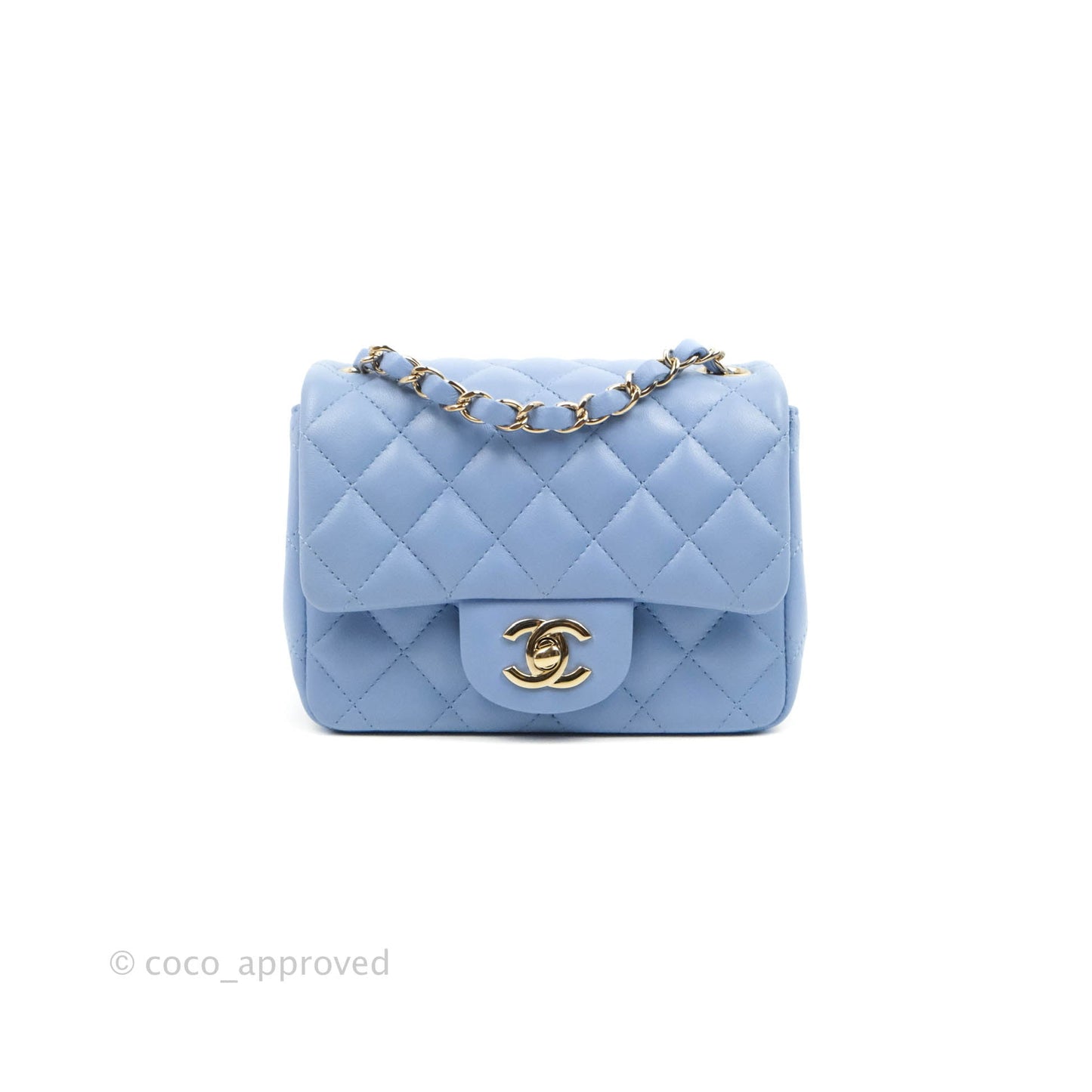 Chanel Quilted Mini Square Sky Blue Lambskin Gold Hardware 21C