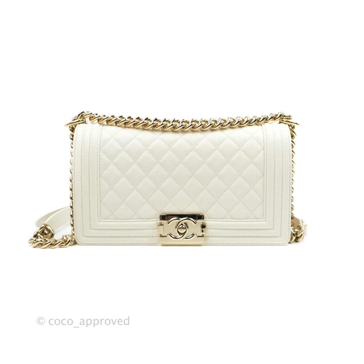 Chanel Old Medium Boy Bag White Caviar Gold Hardware 21A