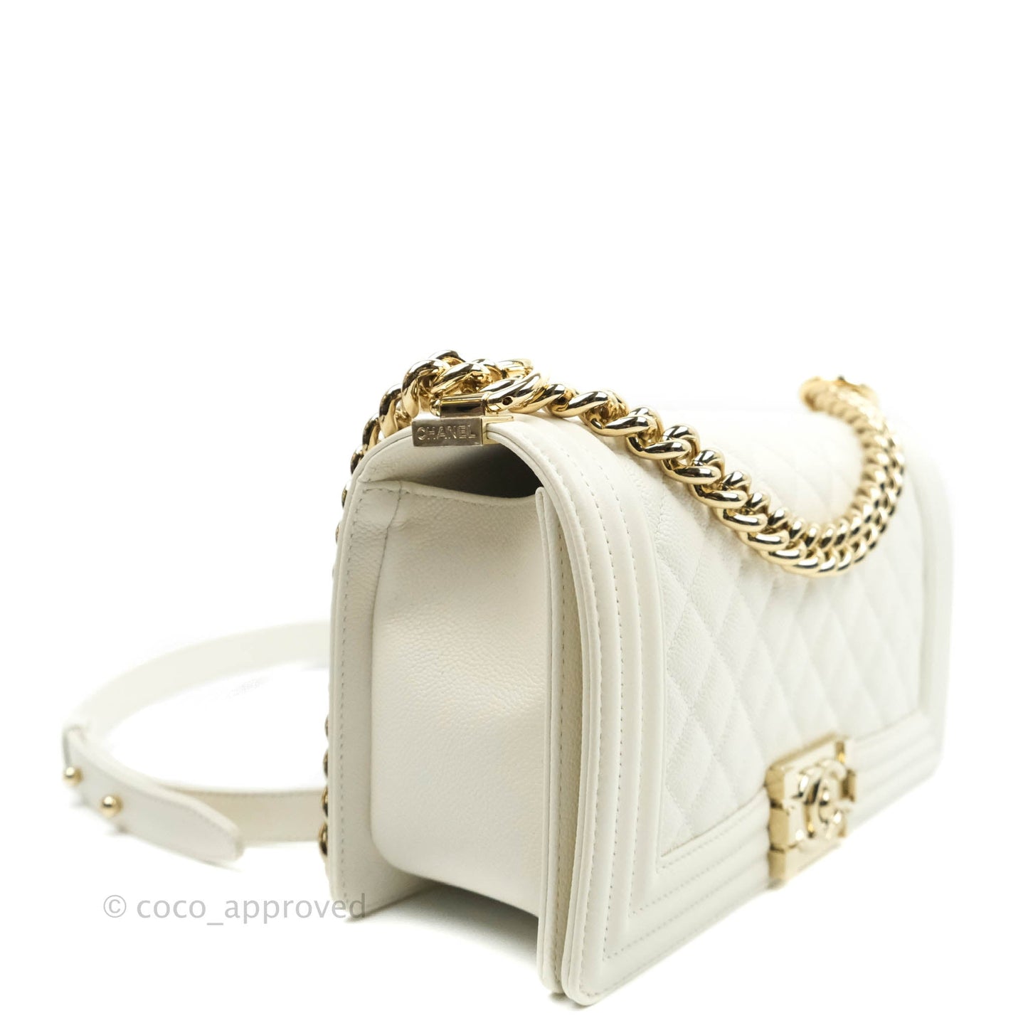 Chanel Old Medium Boy Bag White Caviar Gold Hardware 21A