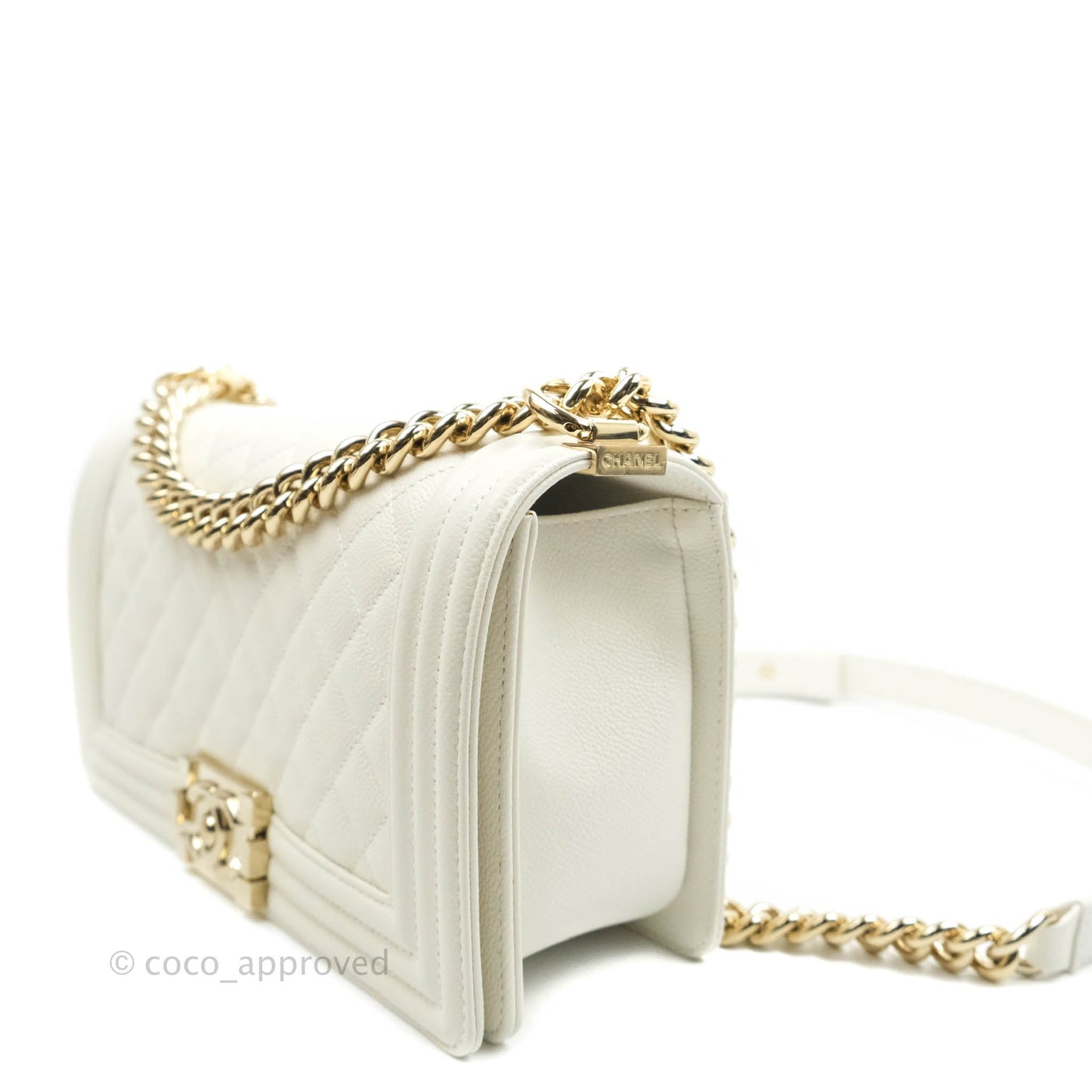Chanel Old Medium Boy Bag White Caviar Gold Hardware 21A