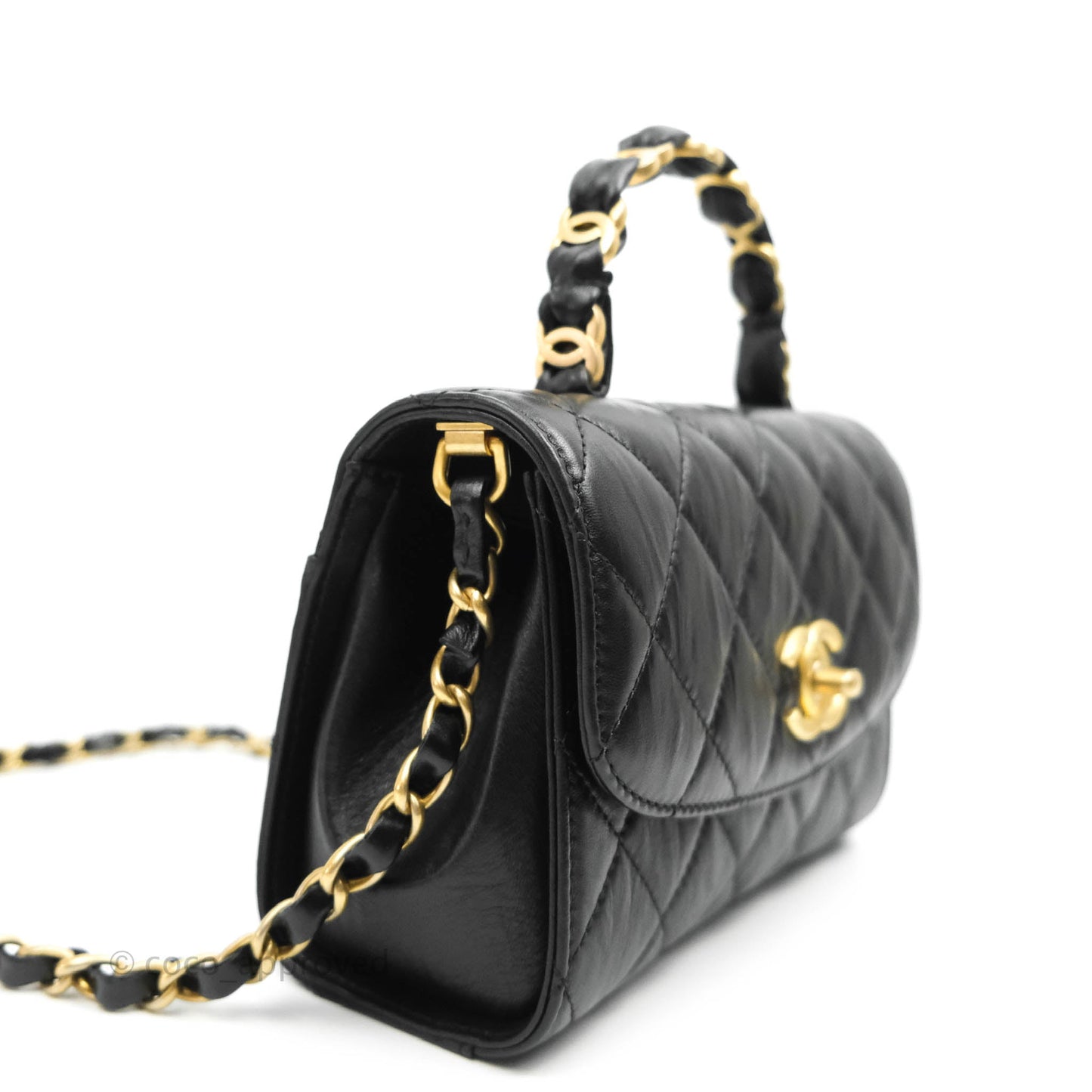 Chanel Mini Flap Bag with Top Handle Black Crumpled Lambskin Aged Gold Hardware