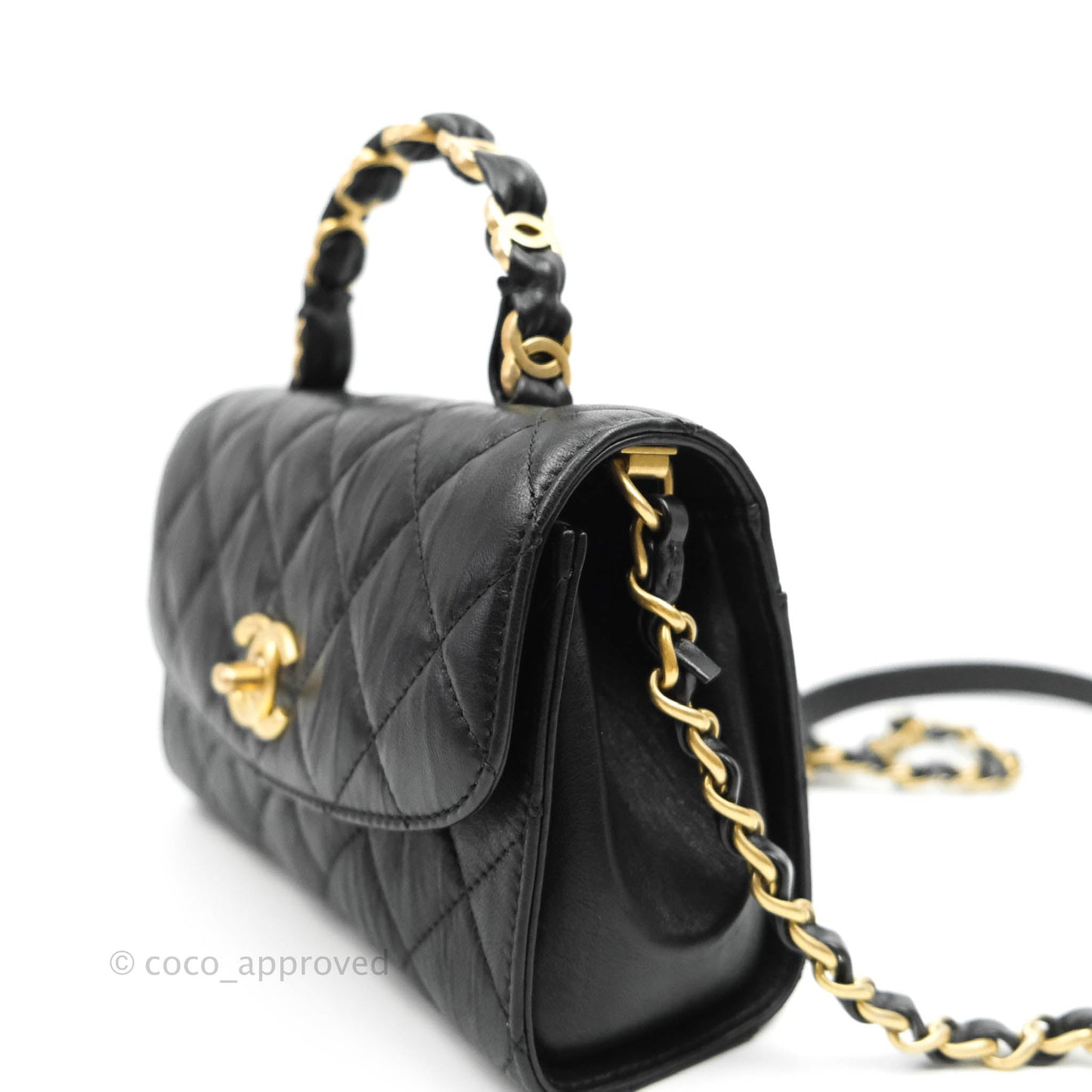 Chanel Mini Flap Bag with Top Handle Black Crumpled Lambskin Aged Gold Hardware