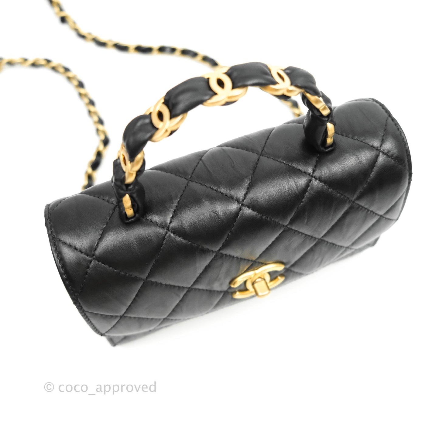 Chanel Mini Flap Bag with Top Handle Black Crumpled Lambskin Aged Gold Hardware