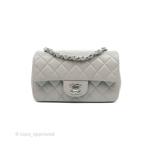 Chanel Classic Quilted Mini Rectangular Flap Grey Lambskin Silver Hardware 21B