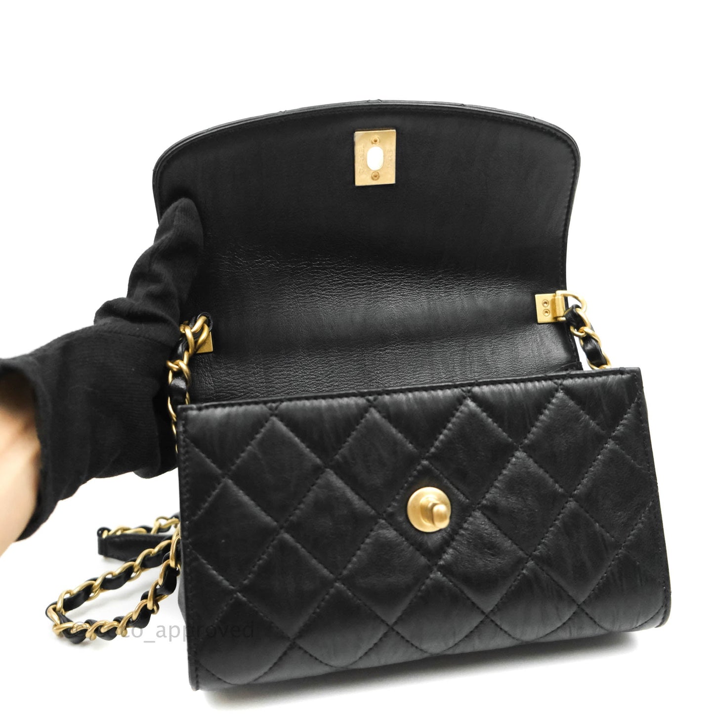 Chanel Mini Flap Bag with Top Handle Black Crumpled Lambskin Aged Gold Hardware