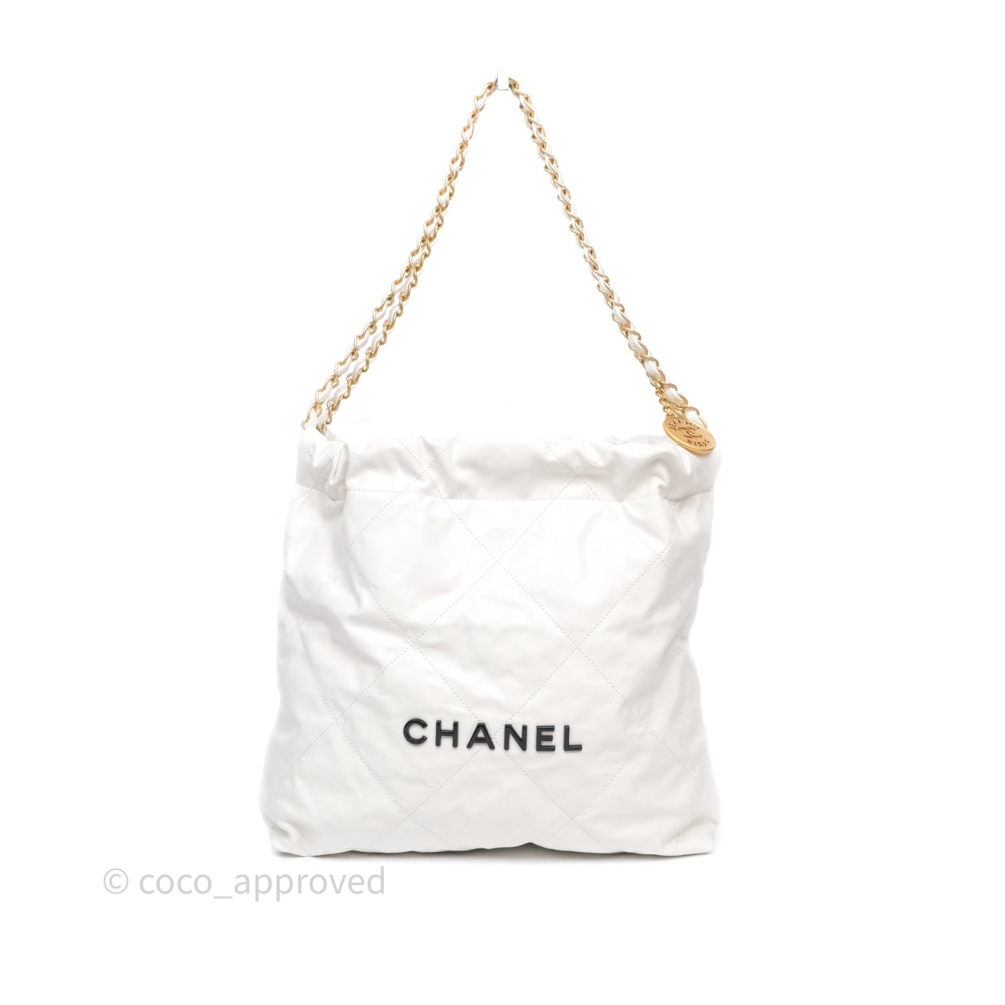 Chanel 22 Small White Shiny Crumpled Calfskin Aged Gold Hardware