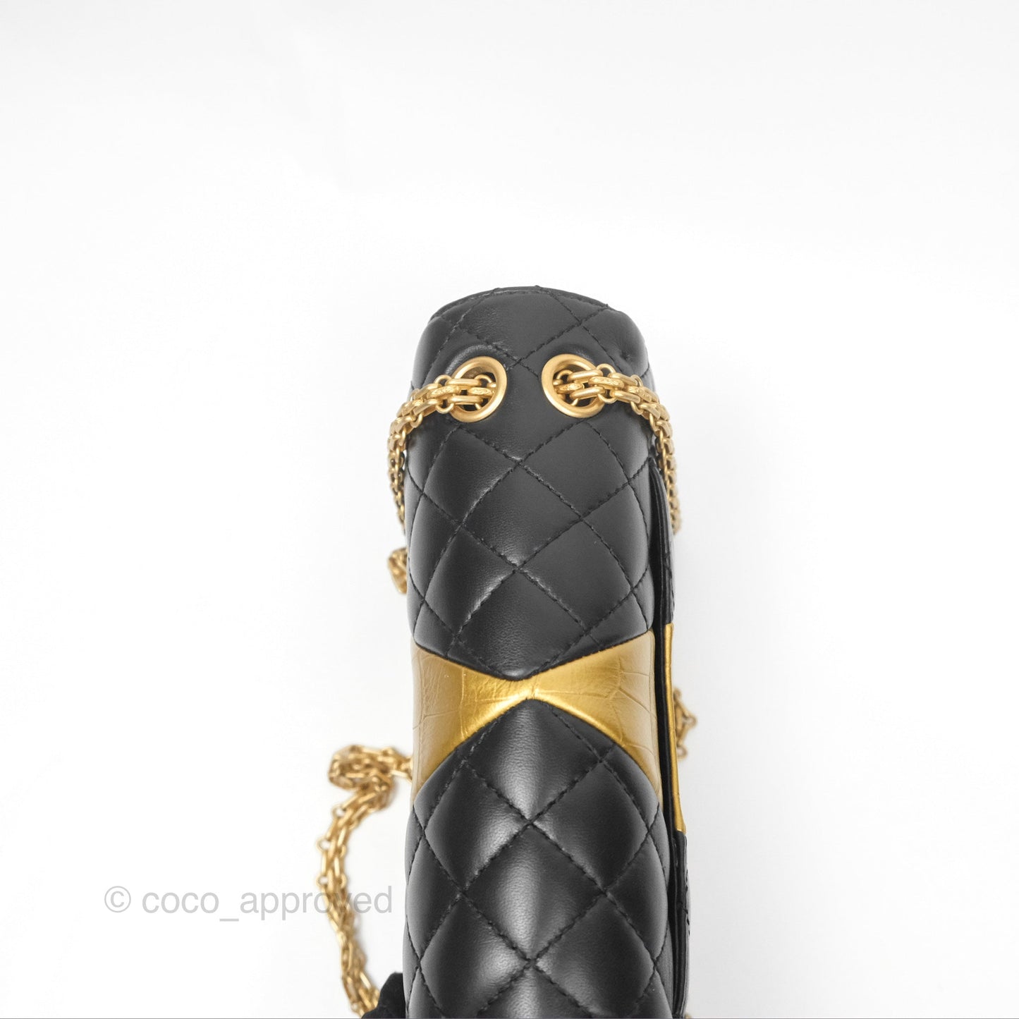 Chanel Reissue 2.55 Metallic Gold Crocodile Embossed Calfskin And Black Quilted Lambskin Aged Gold Hardware
