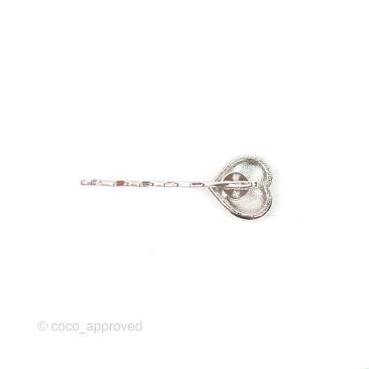 Chanel CC Crystal Heart Hair Clip Silver Tone 23B
