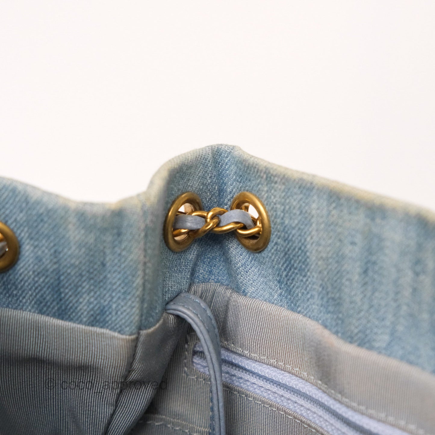 Chanel Drawstring Bucket Bag Denim Blue Aged Gold Hardware