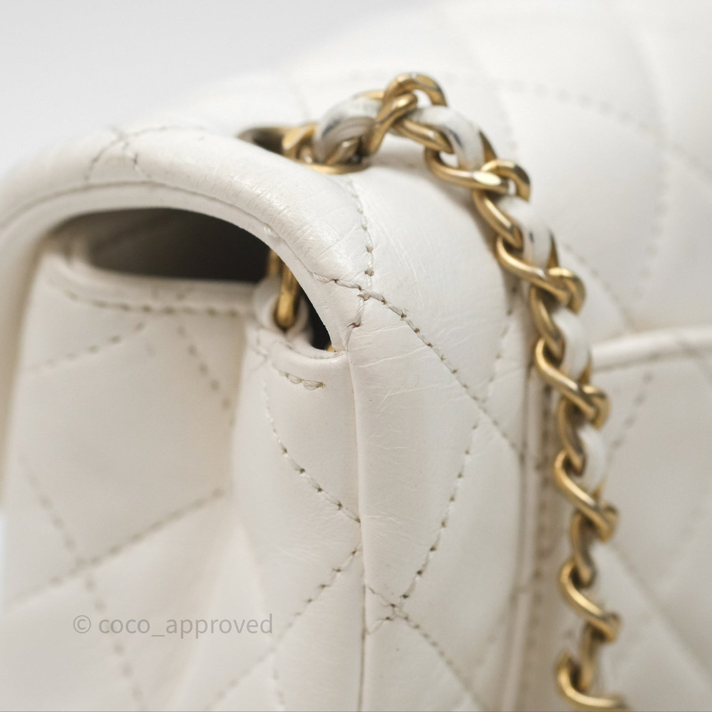 Chanel Mini Rectangular Pearl Crush Quilted White Lambskin Aged Gold Hardware