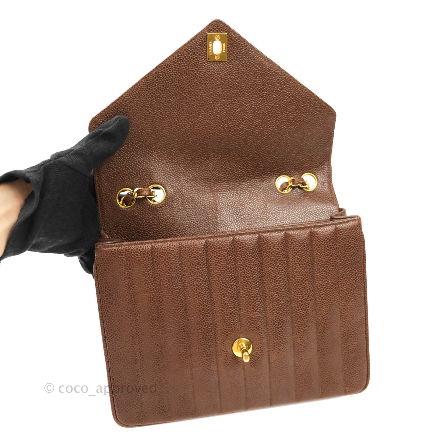 Chanel Vintage Caviar Chevron Flap Bag 24K Brown Gold Hardware