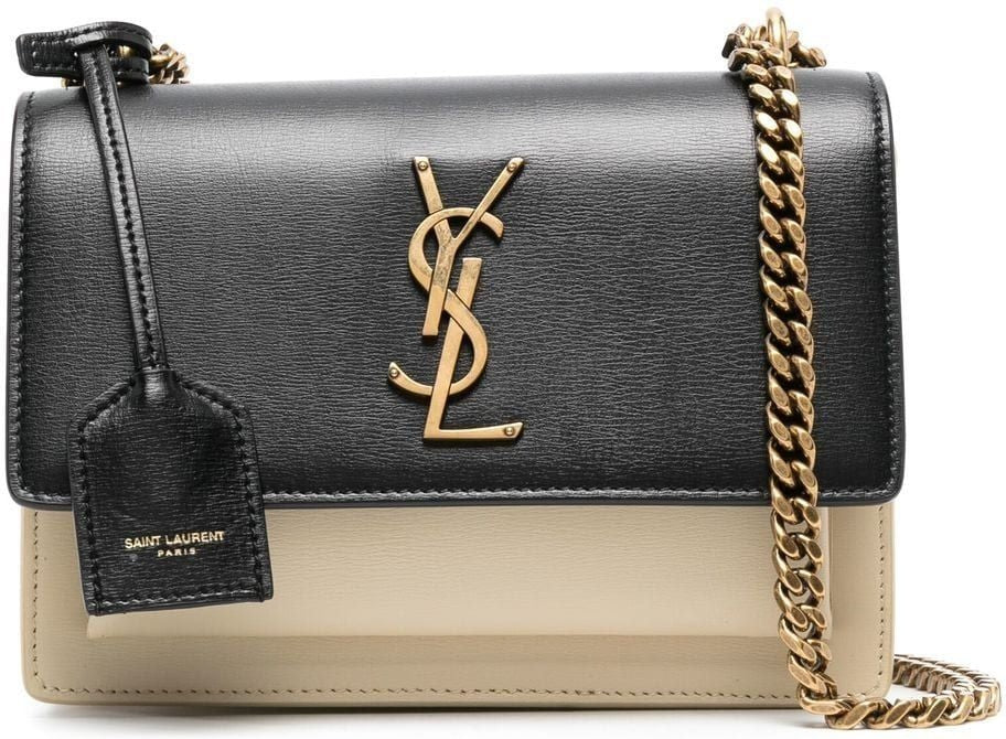 Luxury Saint Laurent Women's Logo Plaque Panelled Leather Crossbody Bag in Nero/Burro | 441972D42EW1089