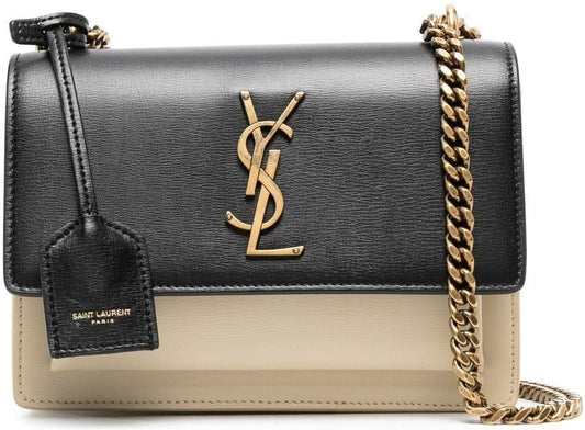 Luxury Saint Laurent Women's Logo Plaque Panelled Leather Crossbody Bag in Nero/Burro | 441972D42EW1089