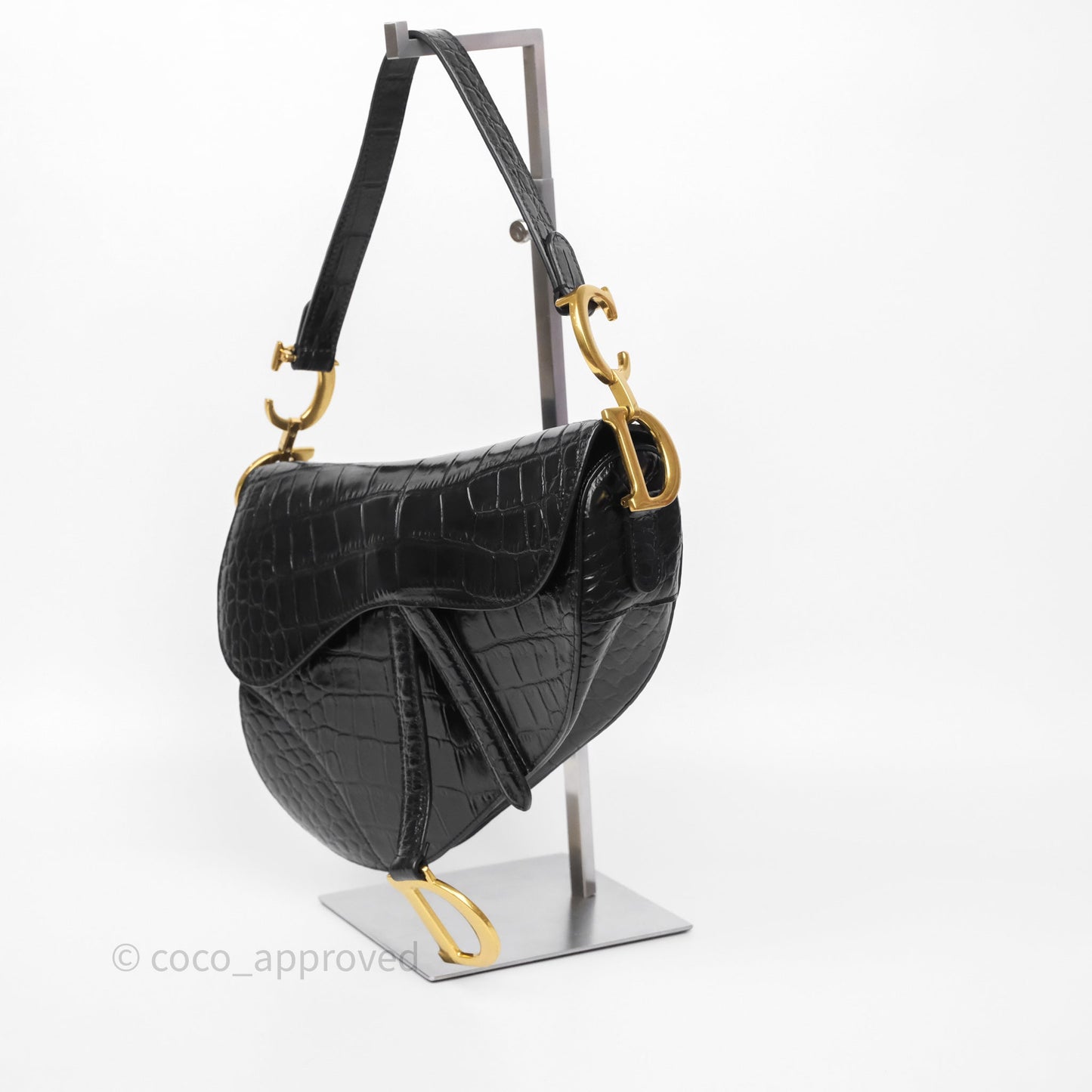 Christian Dior Saddle Bag Black Shiny Crocodile Gold Hardware