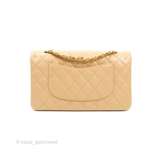 Chanel M/L Medium Quilted Caviar Double Flap Beige Gold Hardware