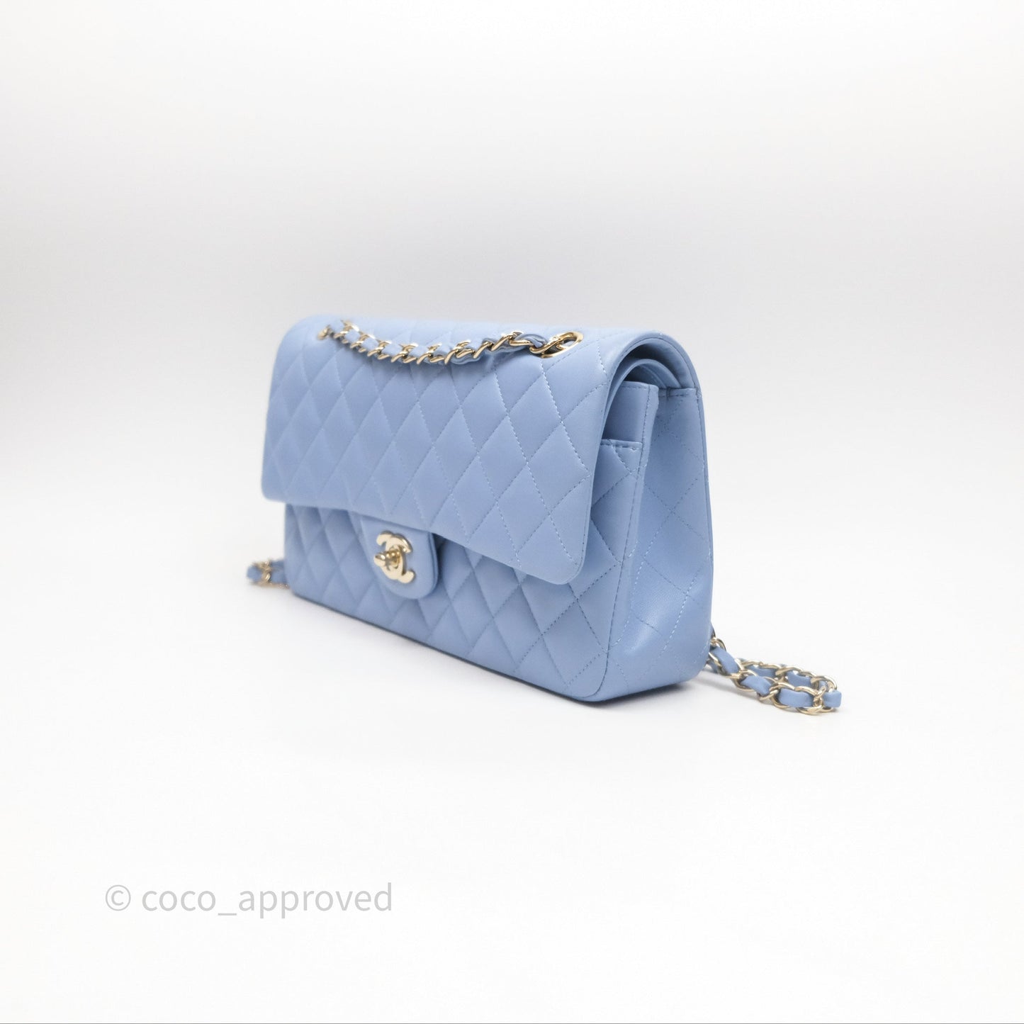Chanel Classic M/L Medium Flap Quilted Sky Blue Lambskin Gold Hardware