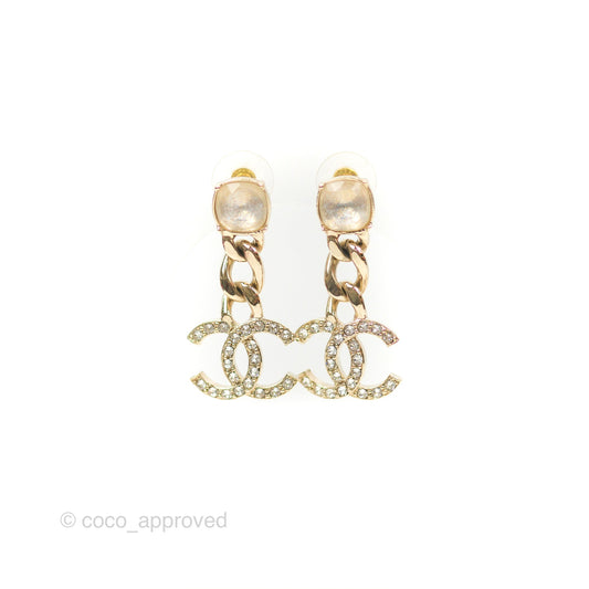 Chanel Chain CC Crystal Drop Earrings Gold Tone 23C