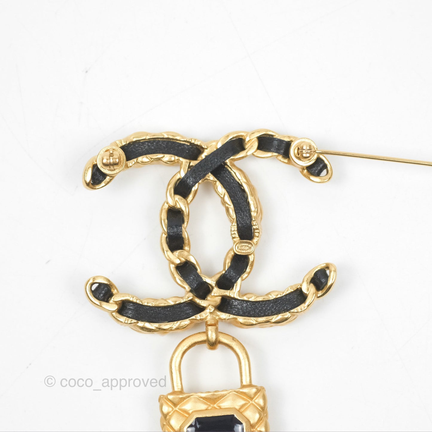 Chanel Crystal CC Braided Black Leather Multicolor Brooch Gold Tone 20C