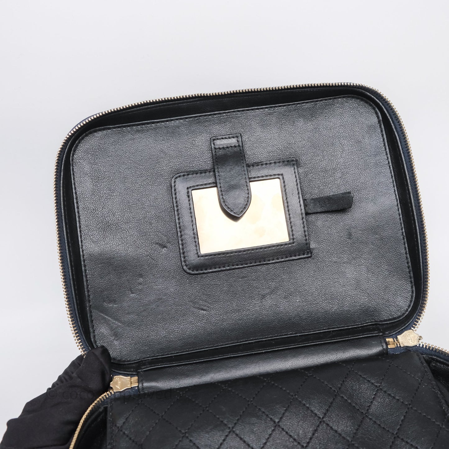 Chanel Quilted Large CC Filigree Vanity Case Navy Black Caviar Aged Gold Hardware