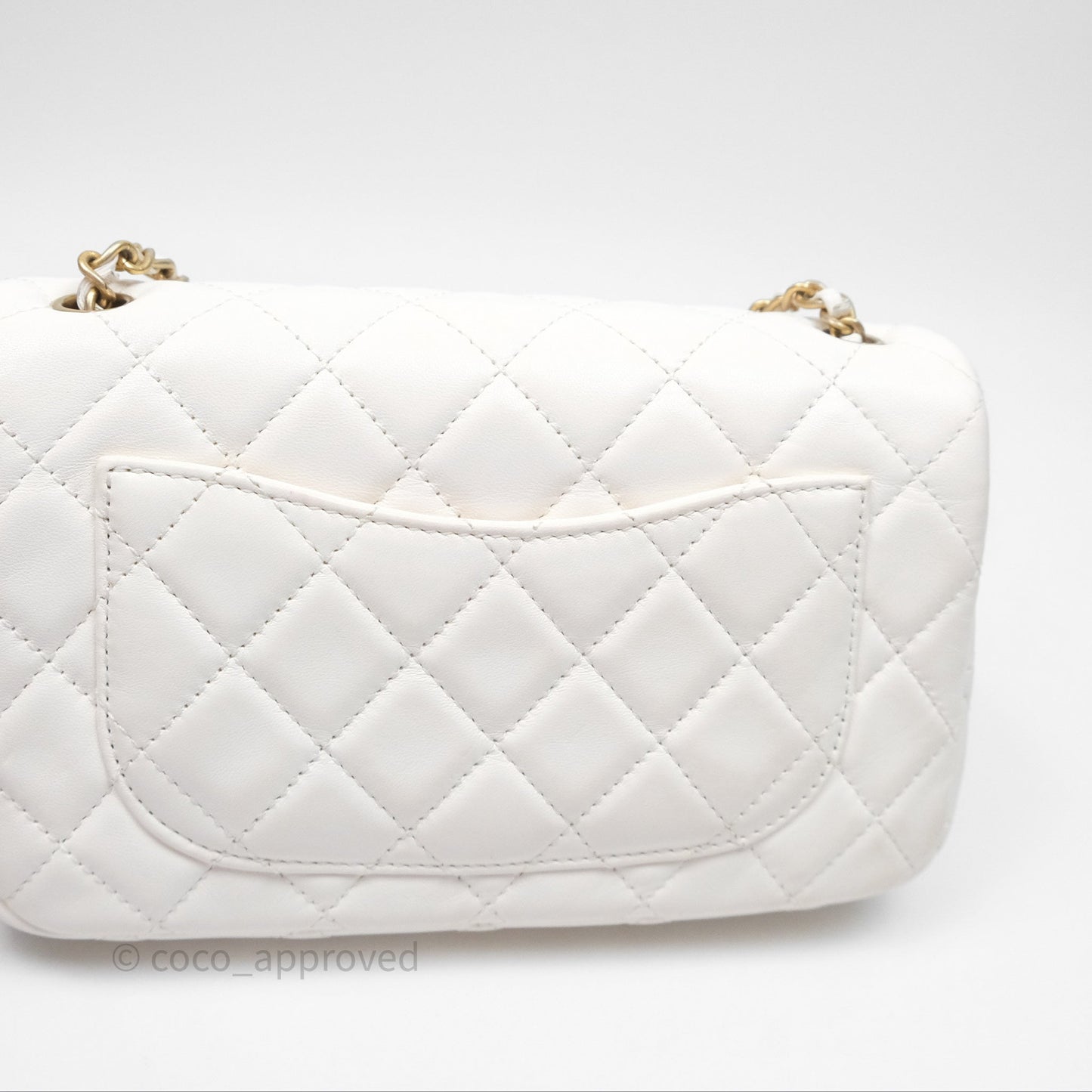 Chanel Mini Rectangular Pearl Crush Quilted White Lambskin Aged Gold Hardware