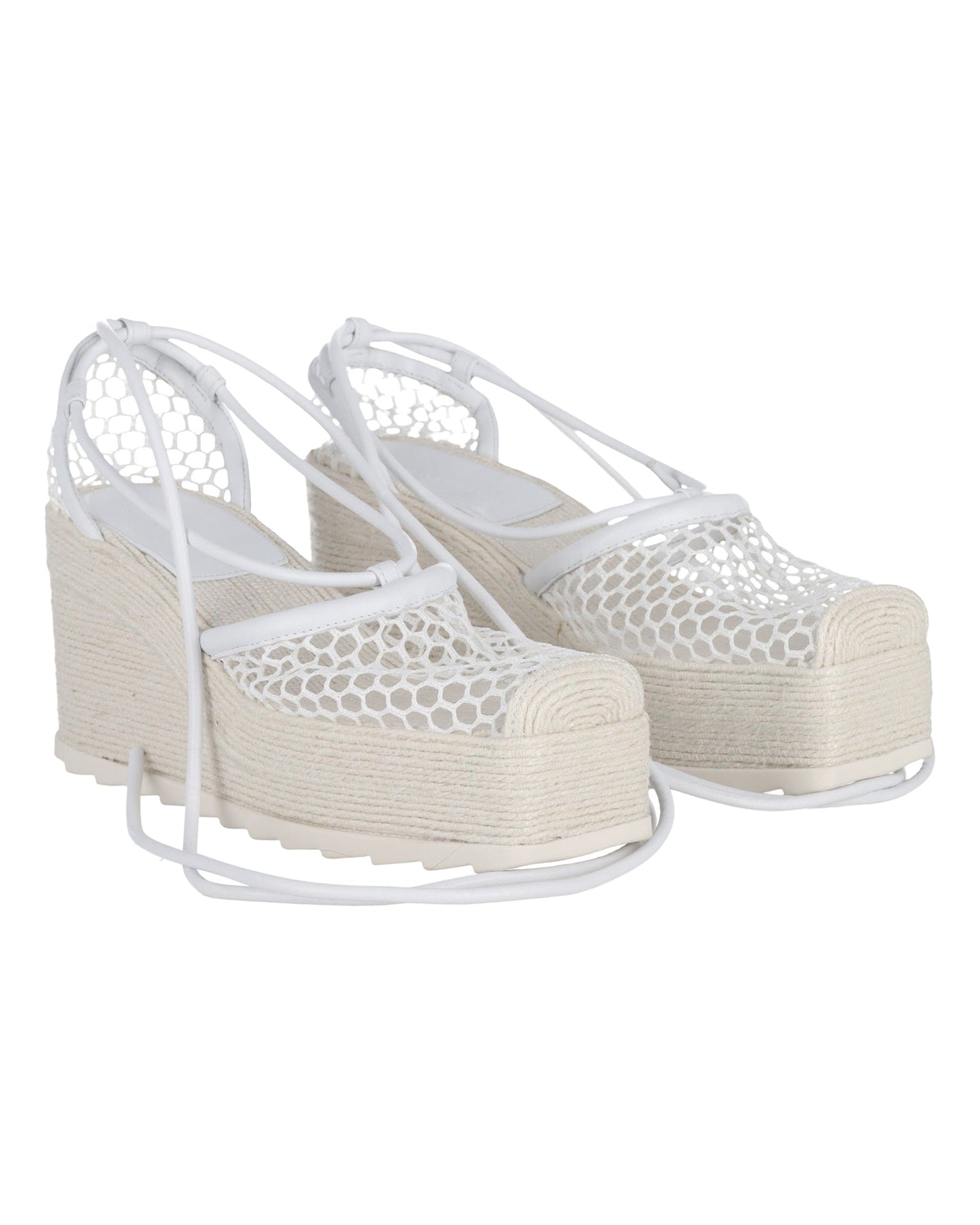 Luxury Bottega Veneta Mesh Espadrille Wedge Sandals in White Leather