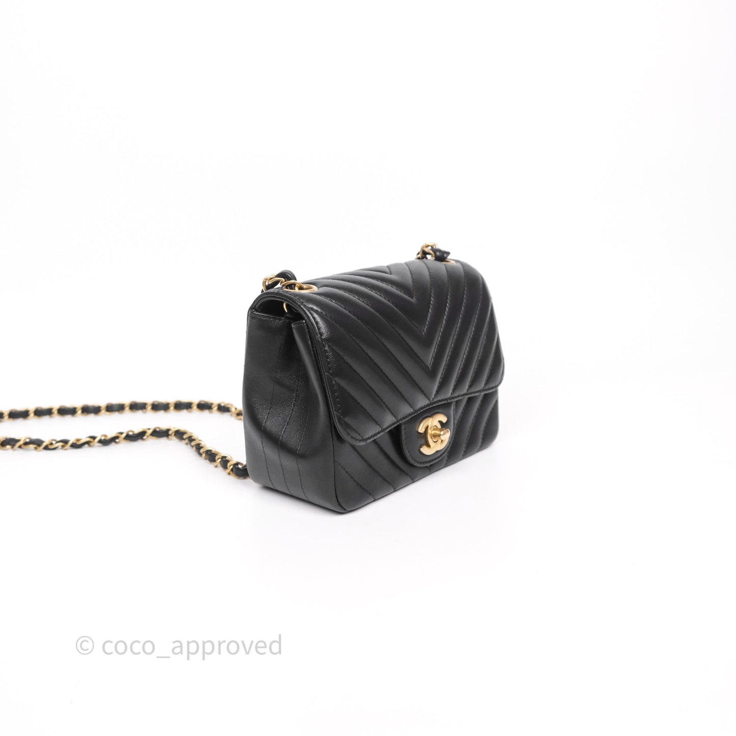 Chanel Mini Square Flap Chevron Black Lambskin Aged Gold Hardware
