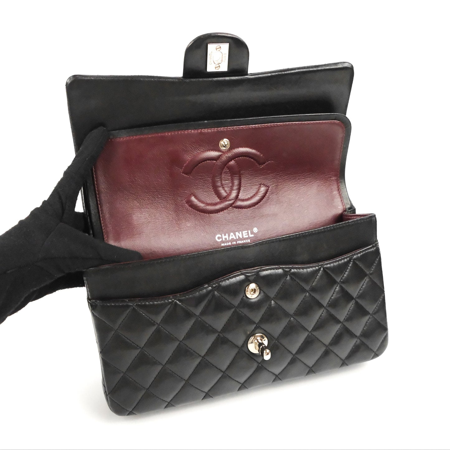Chanel Classic M/L Medium Flap Quilted Black Lambskin Silver Hardware