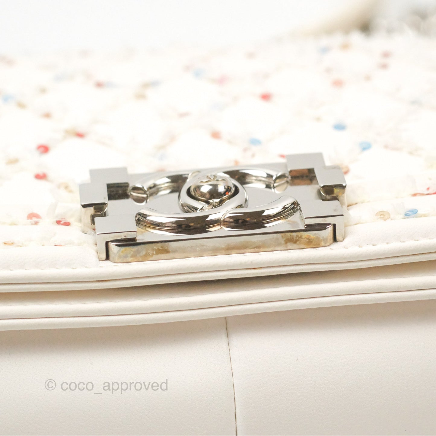 Chanel Medium Boy Sequins Quilted White Lambskin Silver Hardware