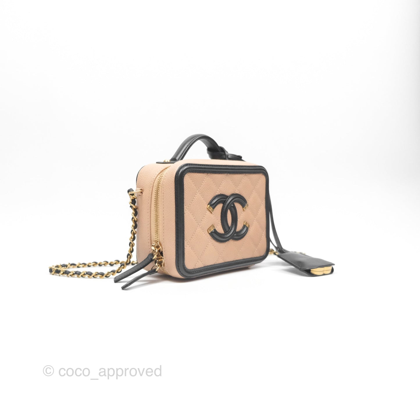 Chanel Quilted Small CC Filigree Vanity Case Beige Black Caviar Gold Hardware