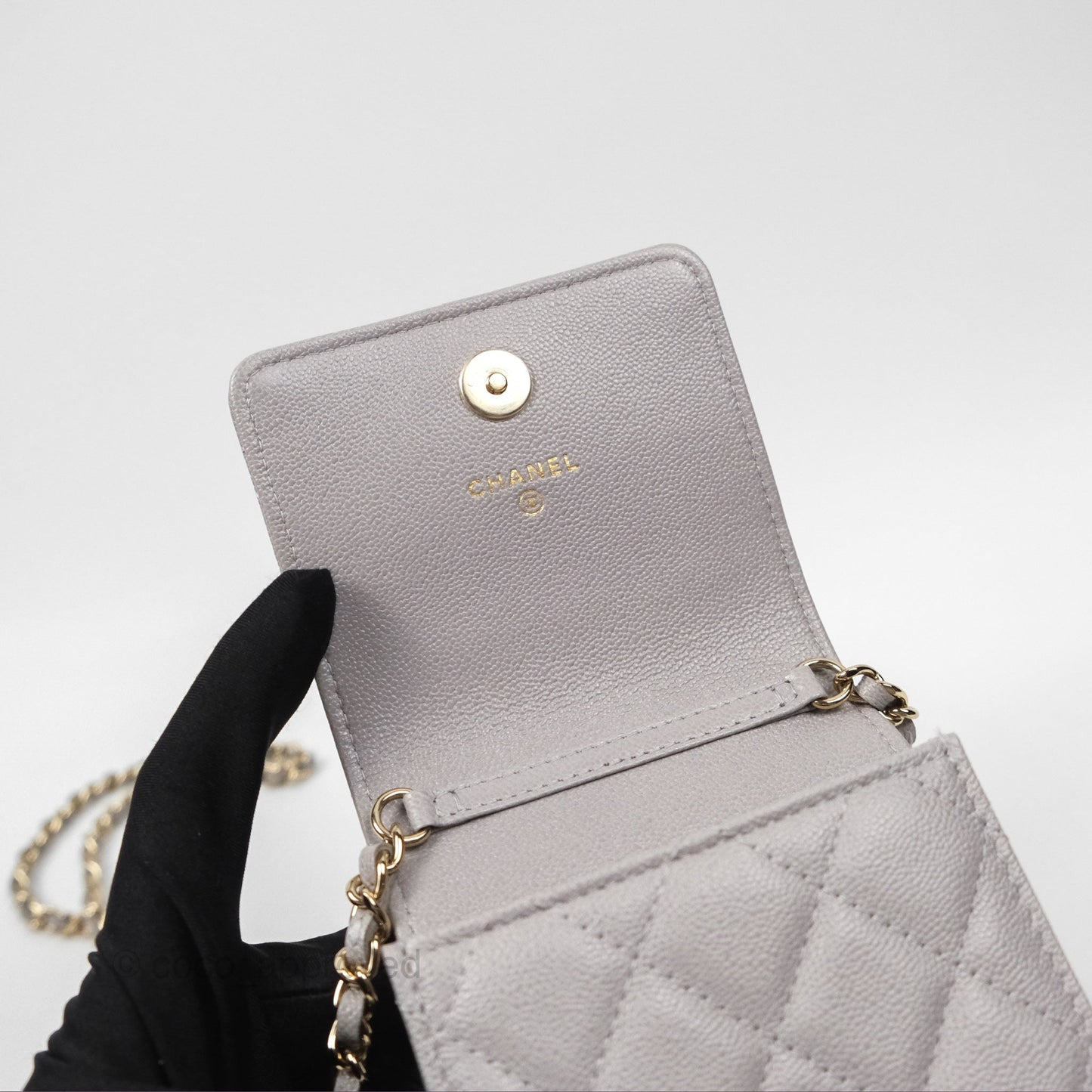Chanel Quilted Phone Holder Grey Caviar Gold Hardware