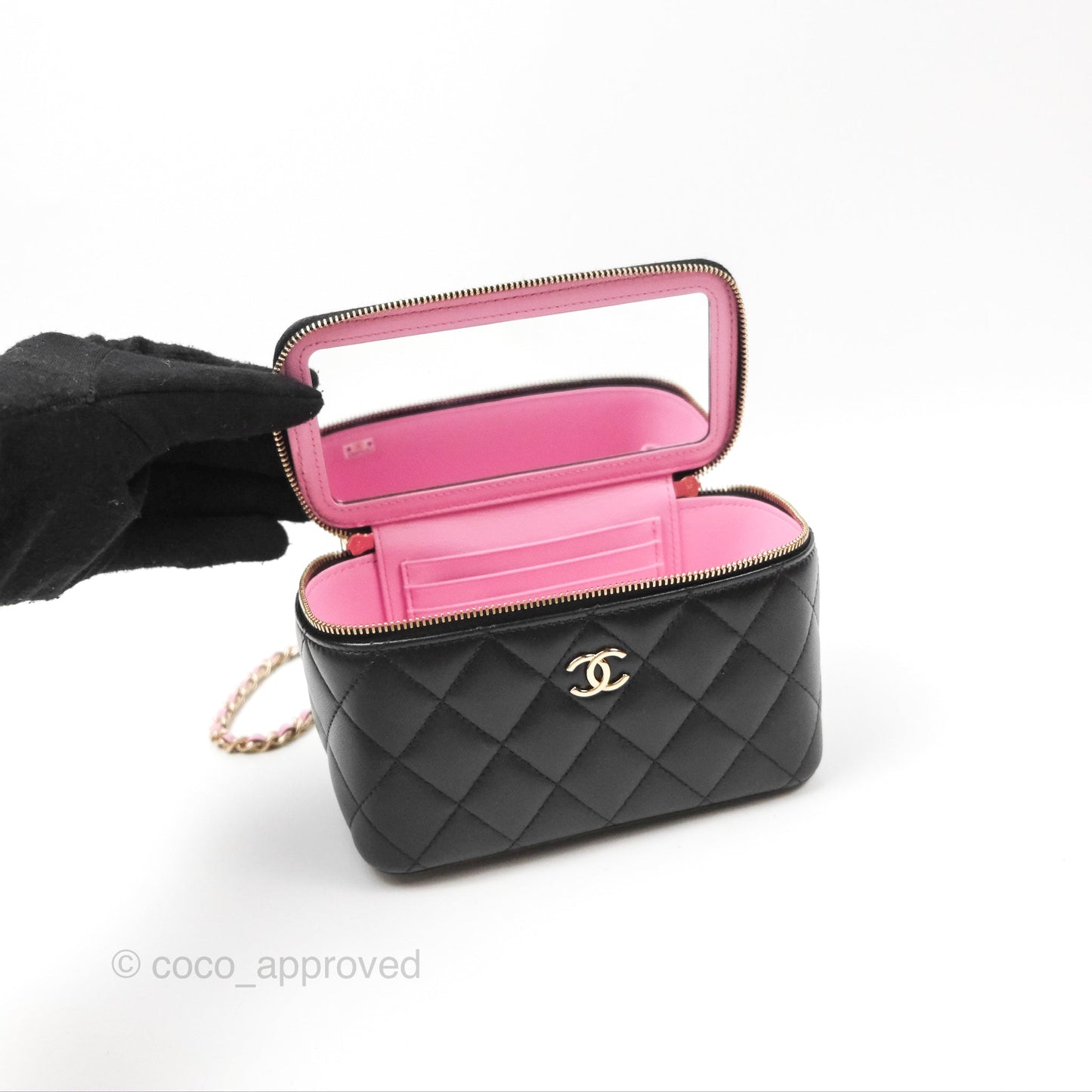 Chanel Vanity Rectangular Top Handle Black Pink Lambskin Gold Hardware