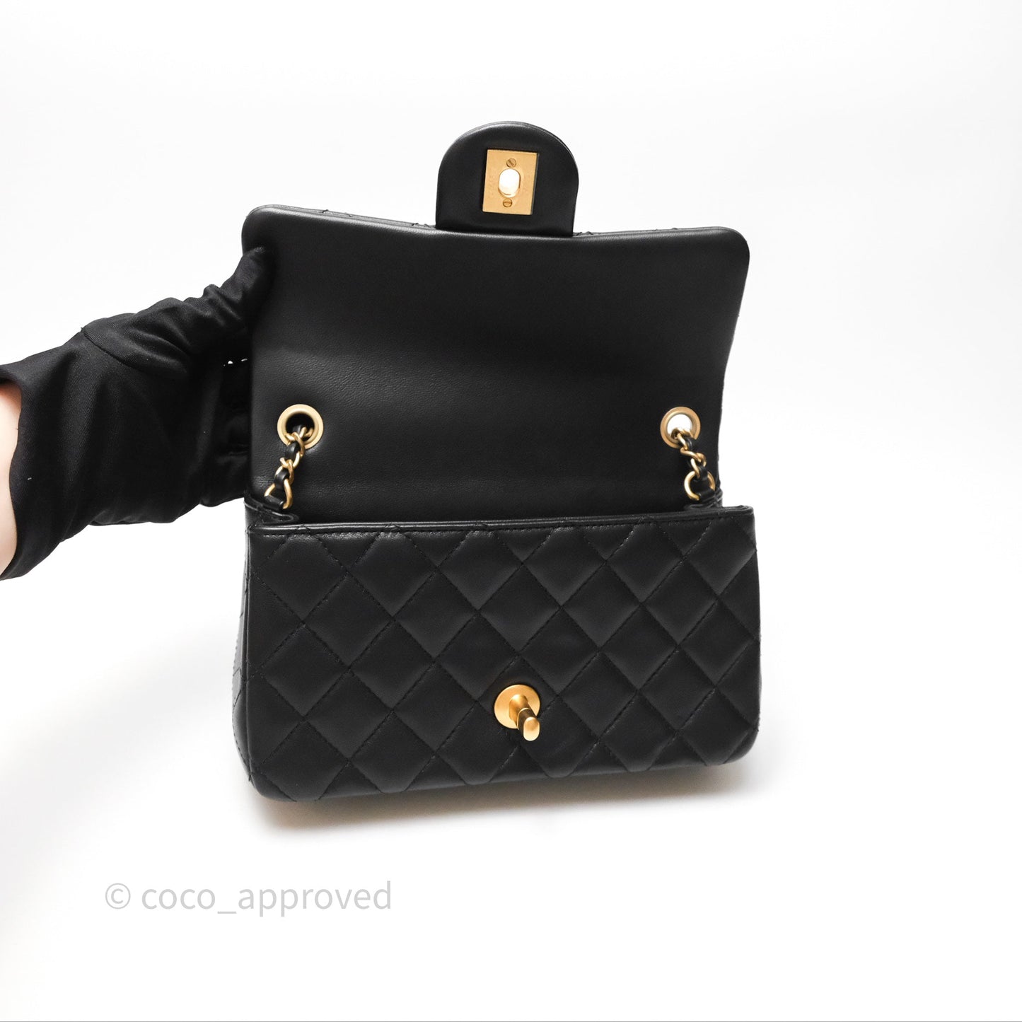 Chanel Mini Rectangular Pearl Crush Quilted Black Lambskin Aged Gold Hardware