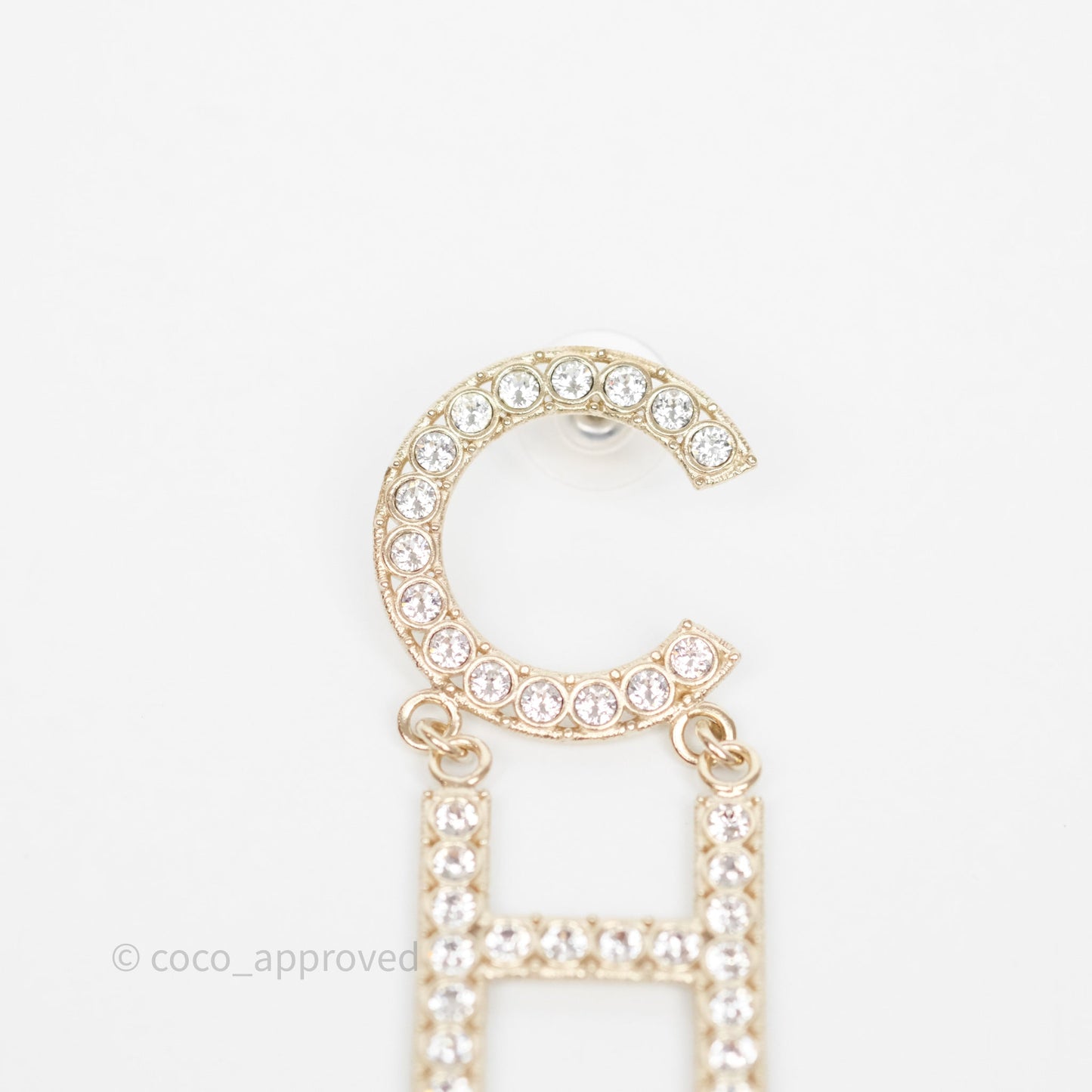Chanel Crystal Cha-Nel Logo Drop Earrings Gold Tone 20V