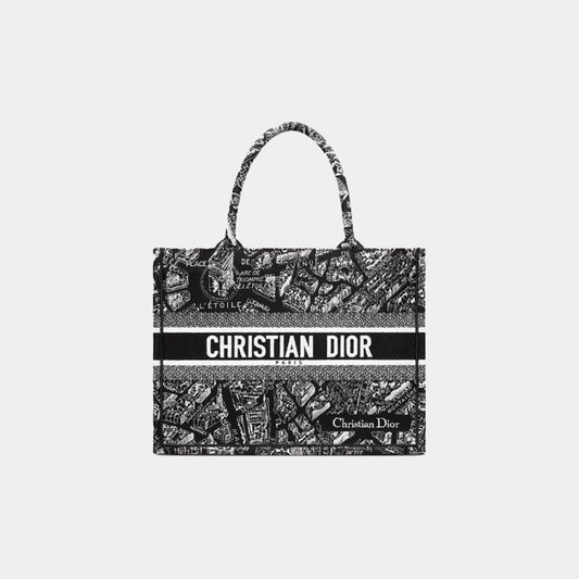 Medium Luxury Dior Book Tote Black and White Plan de Paris Embroidery
