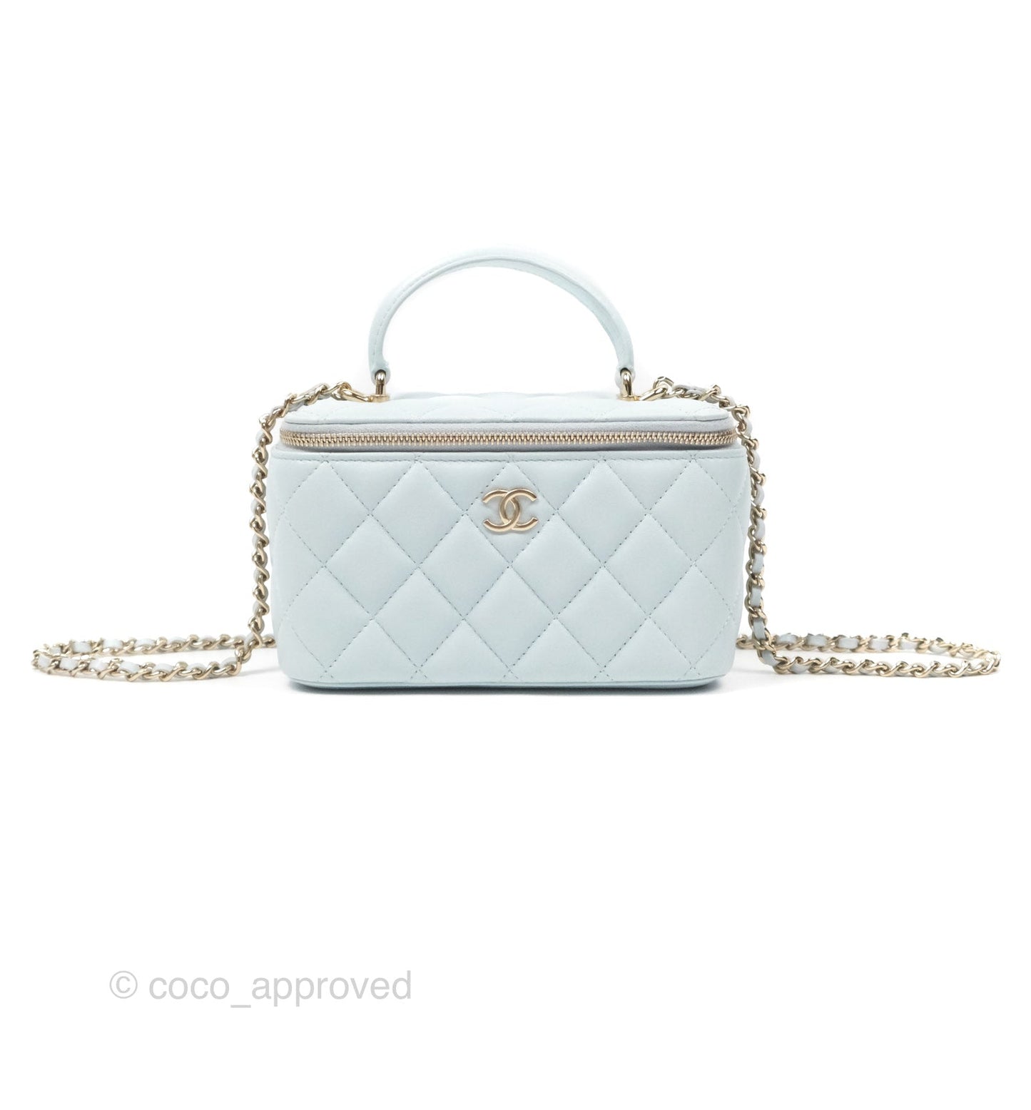 Chanel Vanity Rectangular Top Handle Light Blue Lambskin Gold Hardware