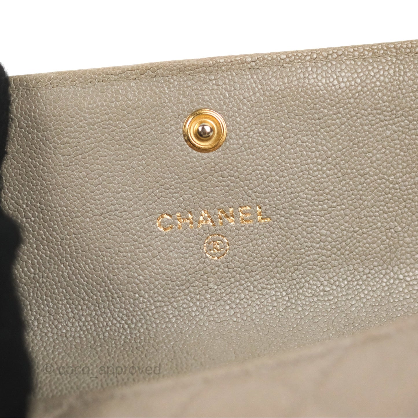 Chanel Quilted Boy Flap Card Holder Taupe Grey Caviar Aged Gold Hardware