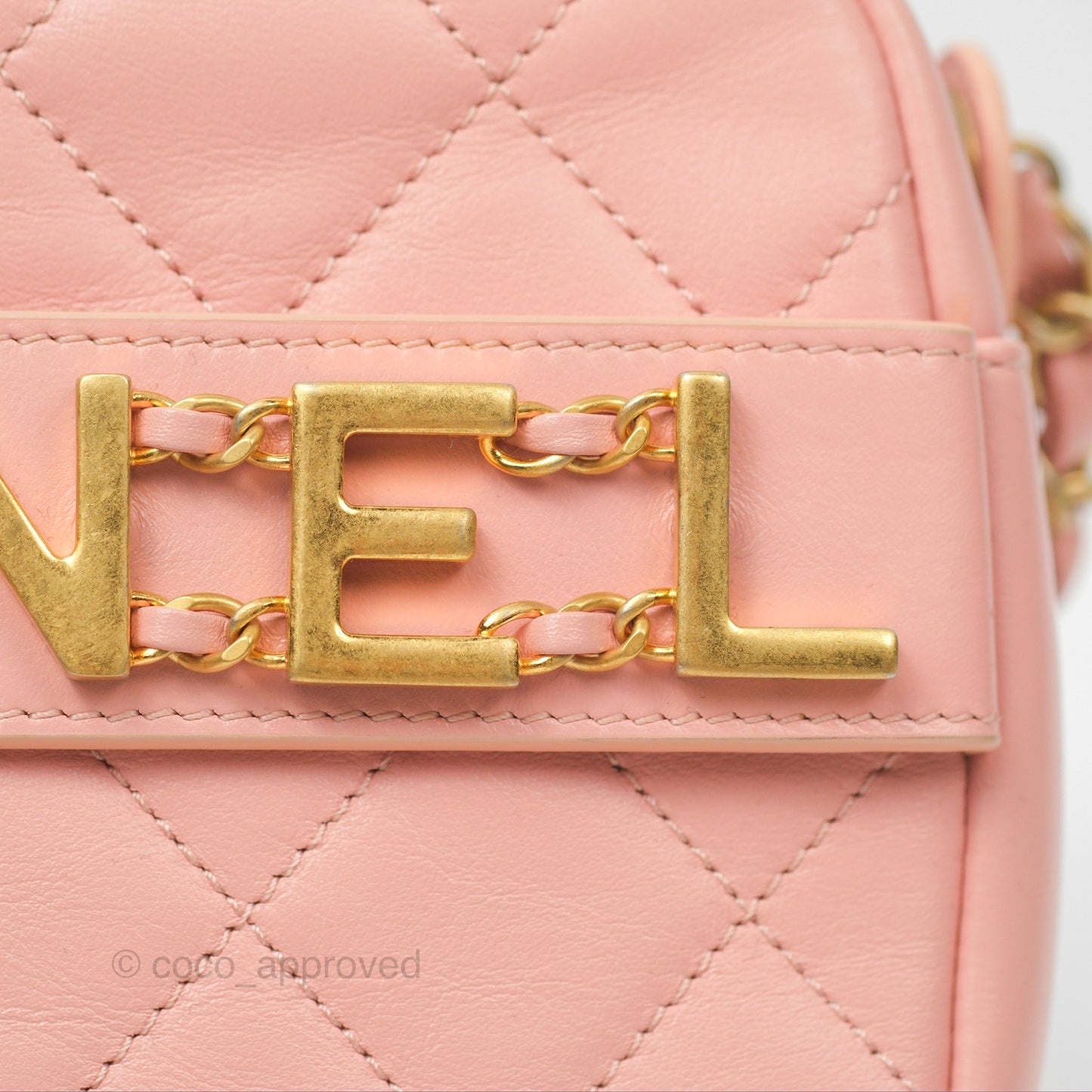 Chanel Logo Enchained Camera Bag Pink Calfskin Aged Gold Hardware