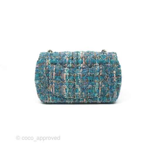 Chanel Mini Rectangular Flap Teal Tweed Gold Hardware