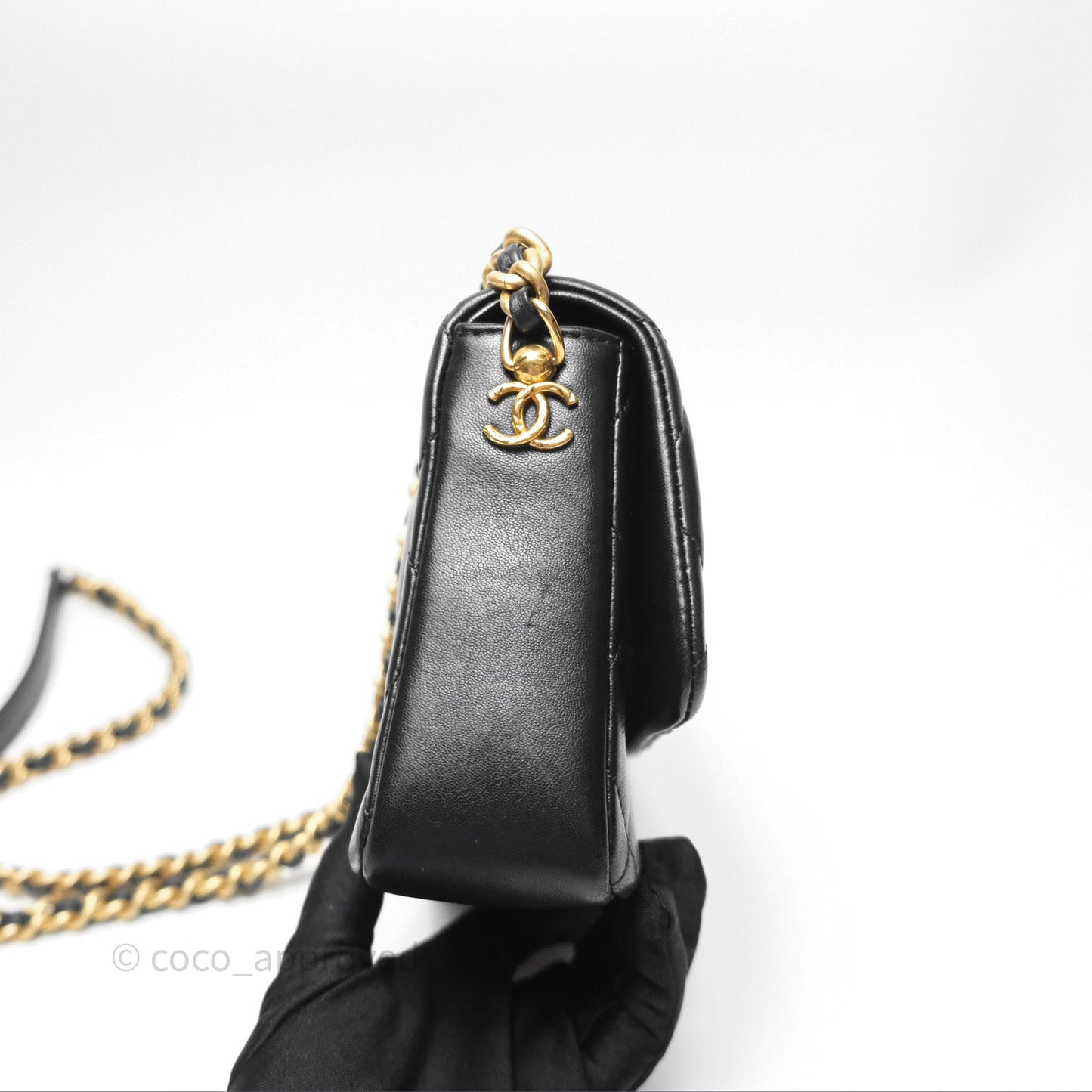 Chanel Logo Mini Square Flap Bag Black Lambskin Aged Gold Hardware 21B