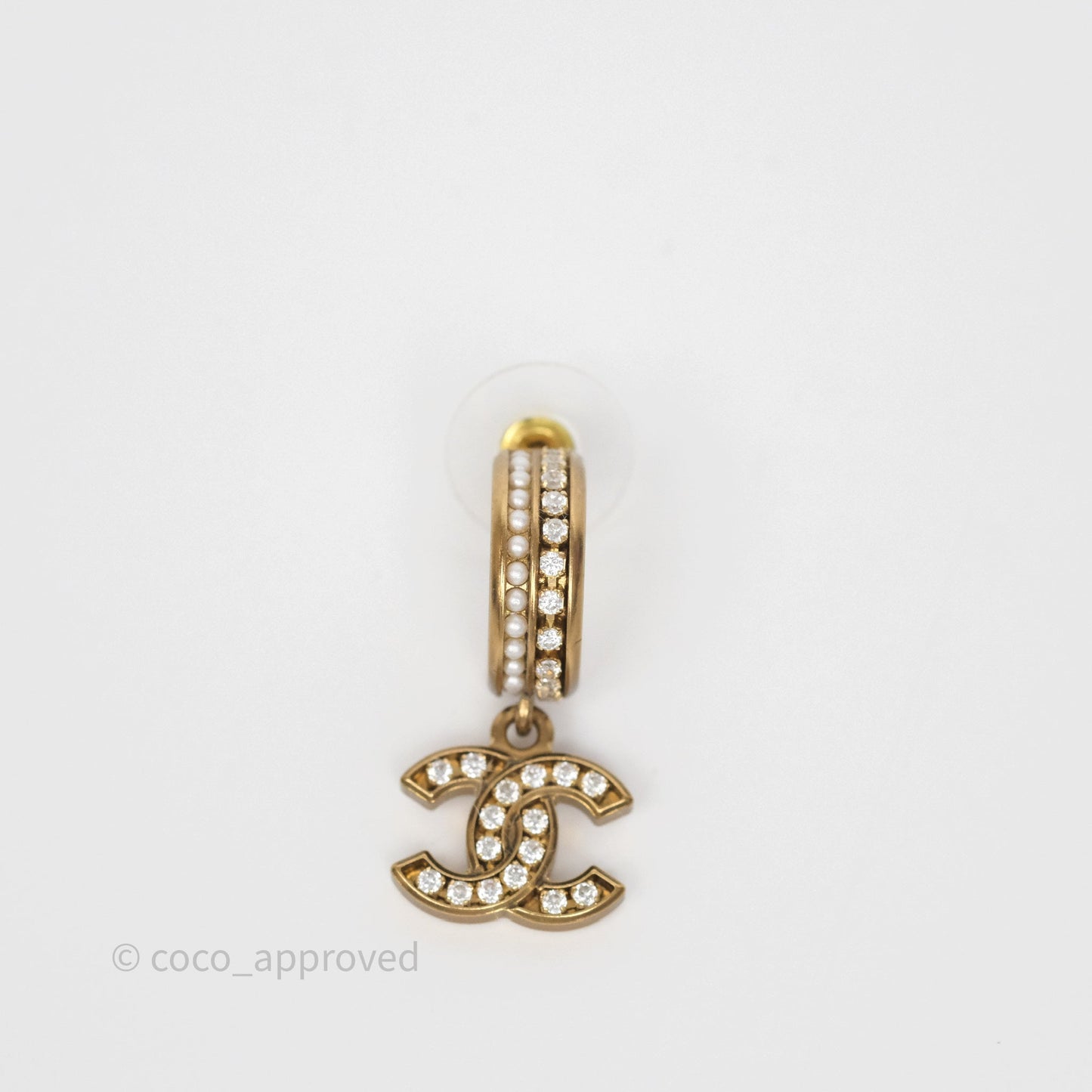 Chanel CC Crystal Pearl Hoop Earrings Gold Tone 21C