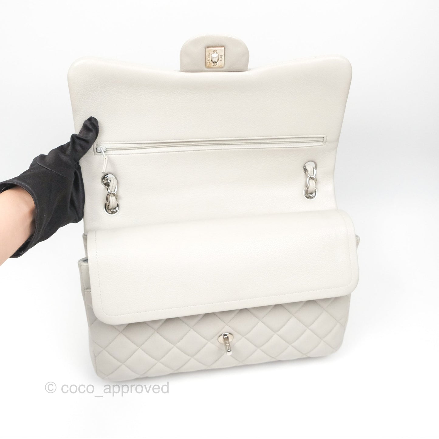Chanel Jumbo Double Flap Light Grey Caviar Silver Hardware⁣⁣