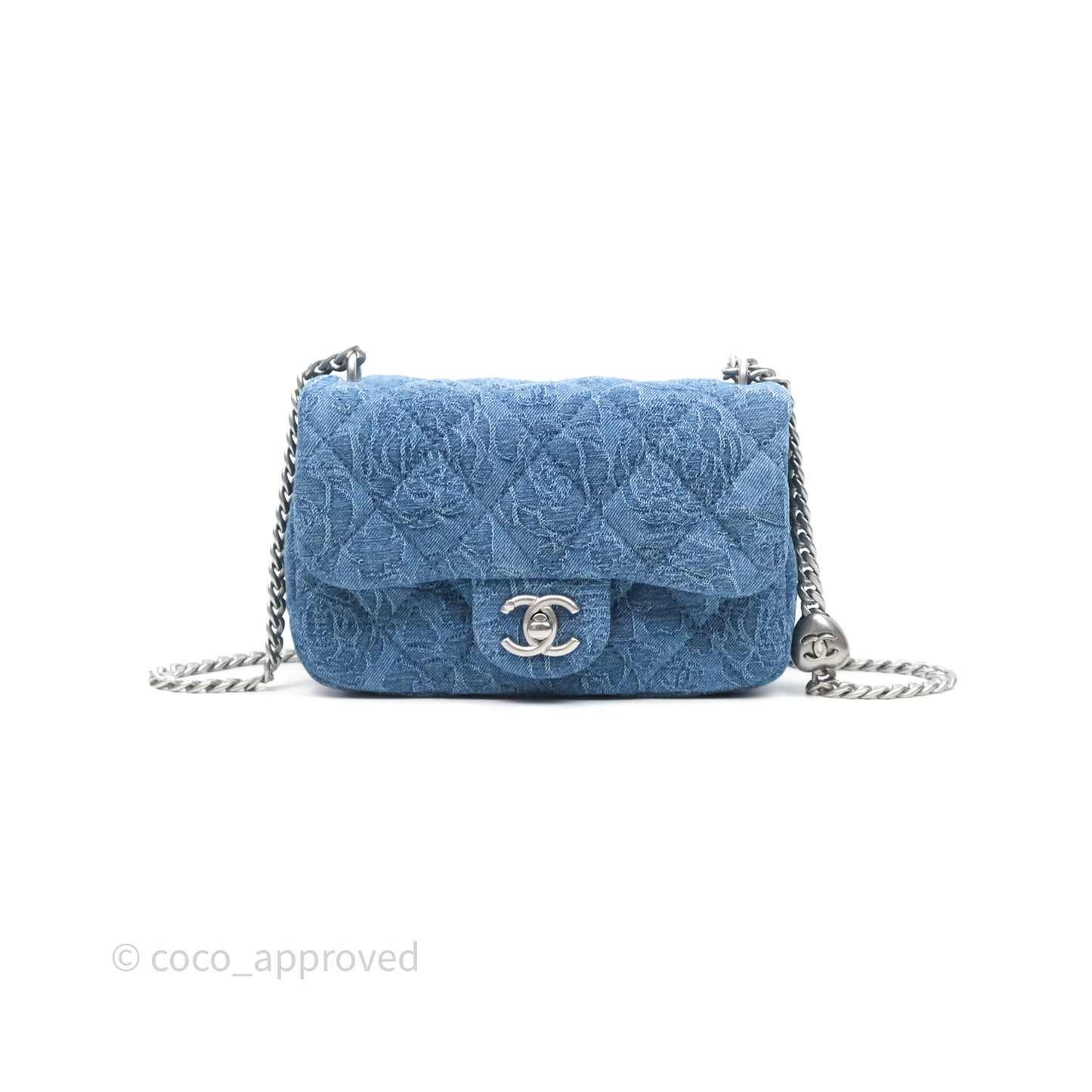 Chanel Quilted Camellia Printed Heart Crush Mini Flap Bag Blue Denim Aged Silver Hardware