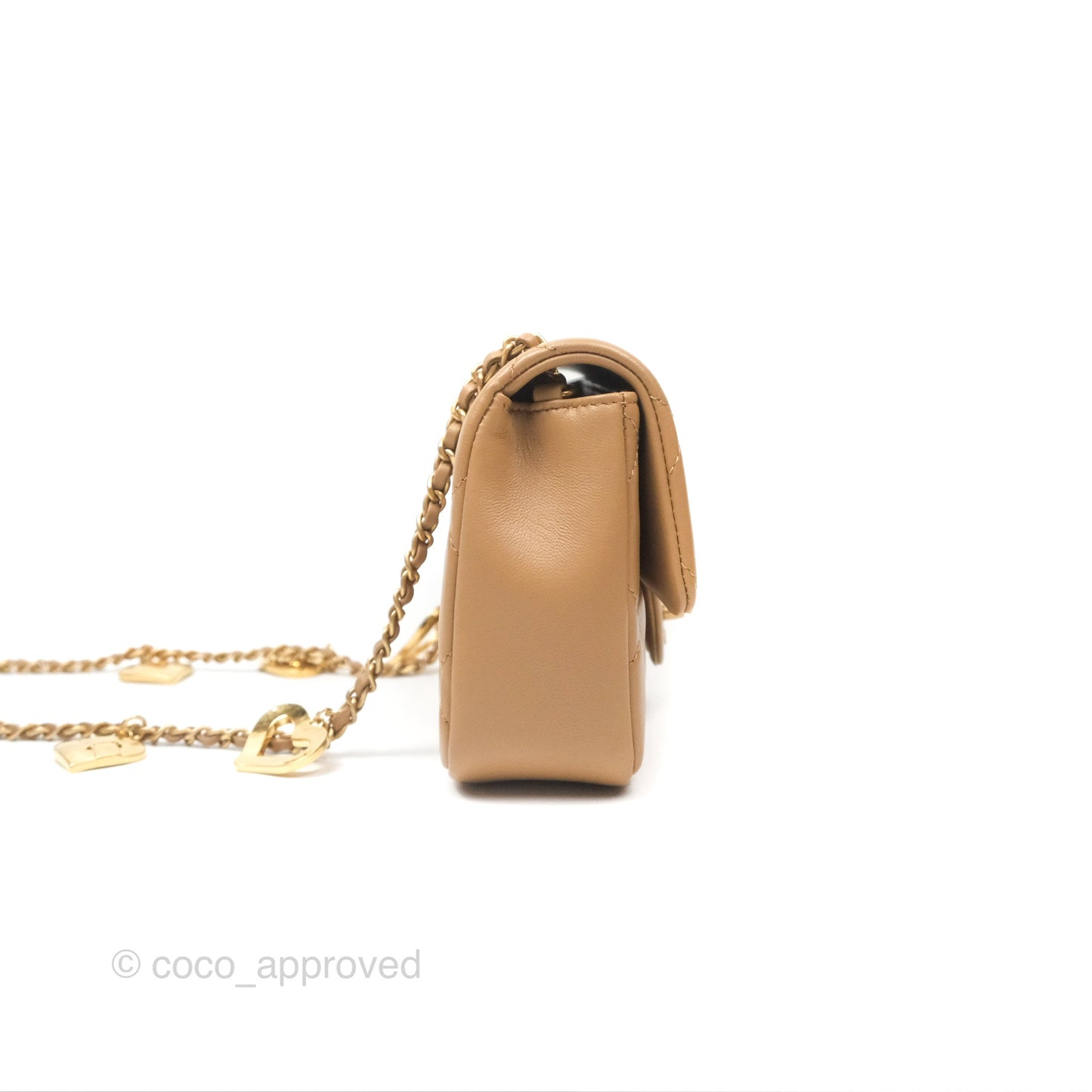Chanel Mini Flap Bag With Heart CC Charm Beige Lambskin Aged Gold Hardware 22B