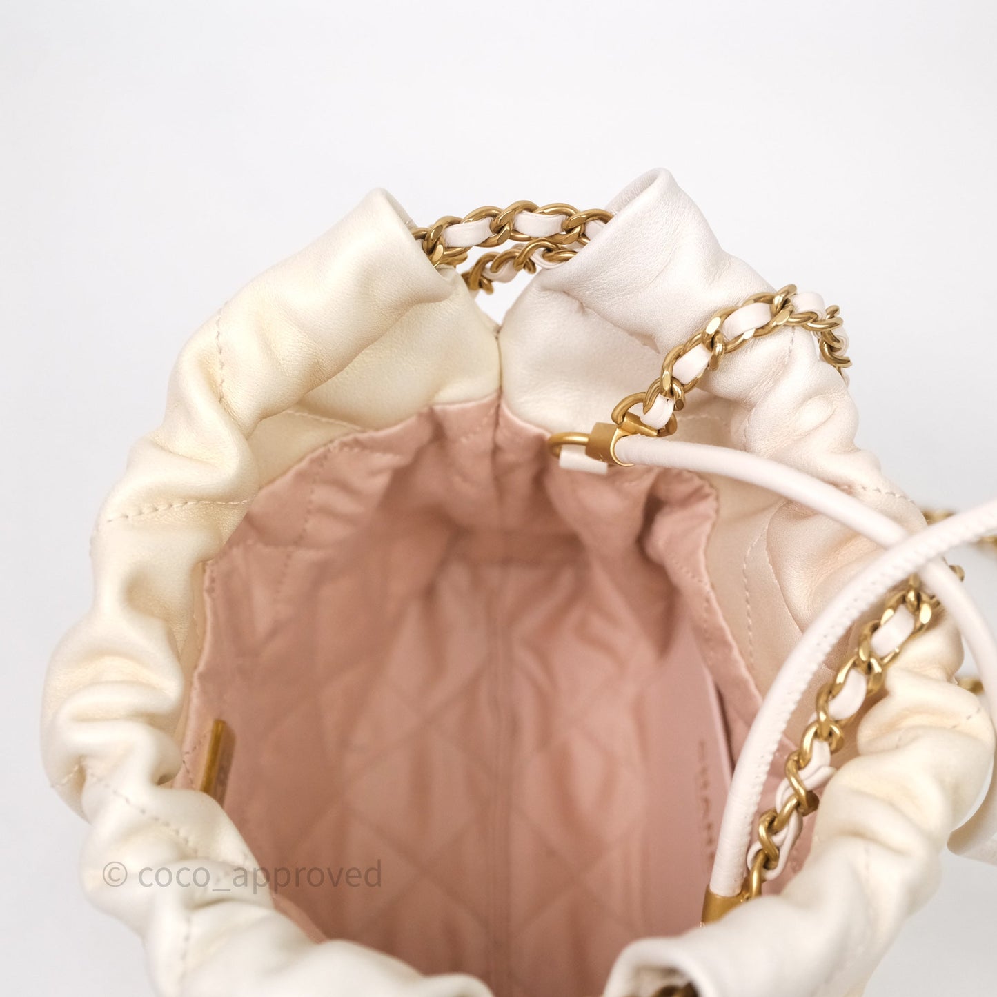 Chanel 22 Mini Bag Iridescent Light Pearly Calfskin Aged Gold Hardware