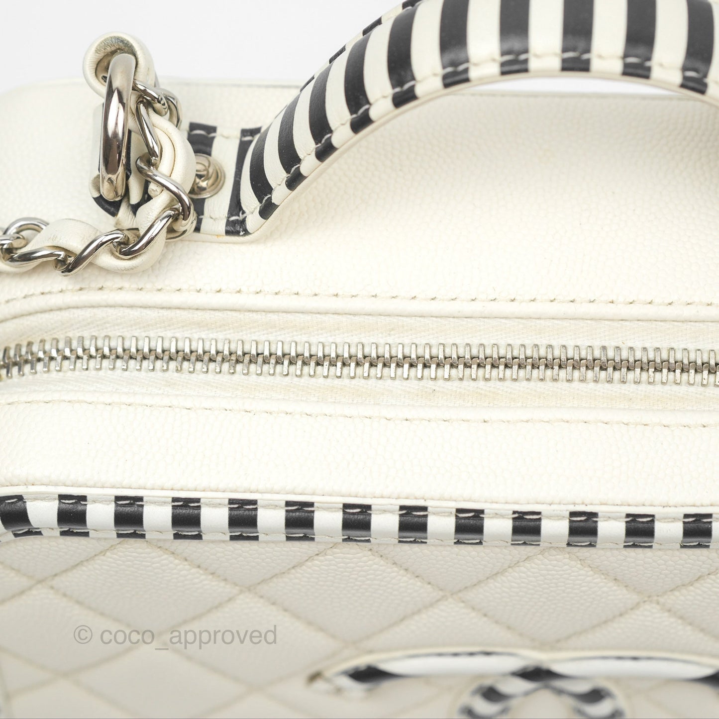 Chanel Quilted Medium CC Filigree Vanity Case White Black Stripe Caviar Silver Hardware
