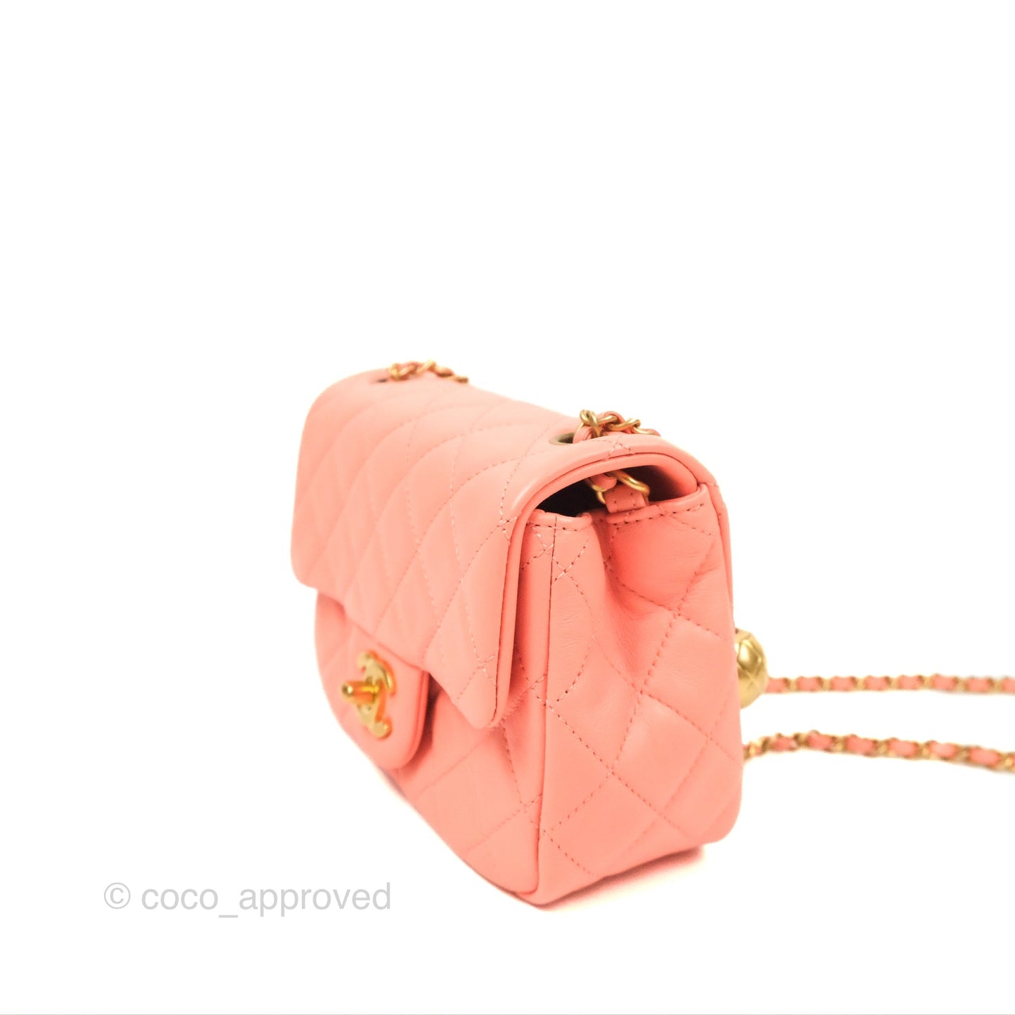 Chanel Pearl Crush Mini Square Quilted Pink Lambskin Aged Gold Hardware